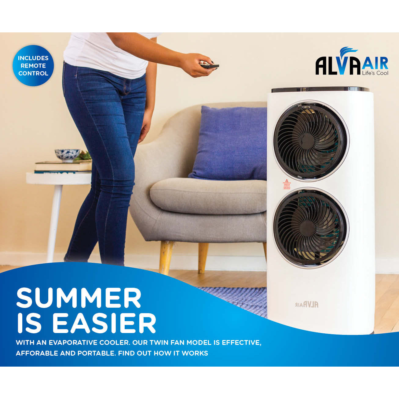 TWIN FAN EVAPORATIVE AIR COOLER WITH REMOTE CONTROL