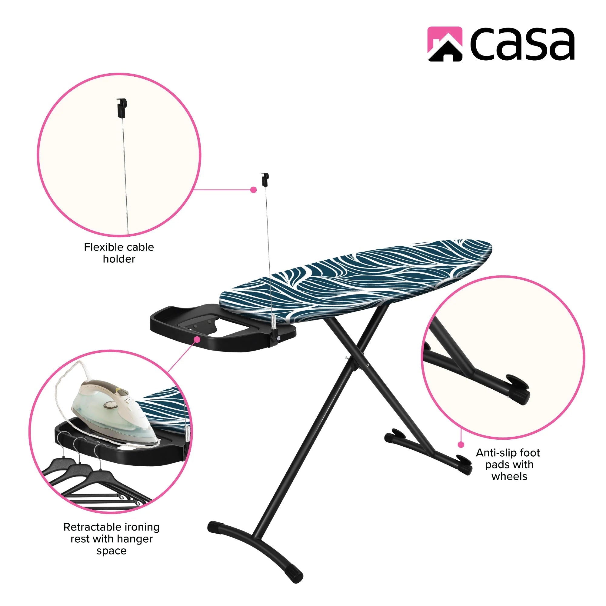 CASA Premium Ironing Board 135 x 46cm | Iron Rest, Cord Guide & Cotton Cover