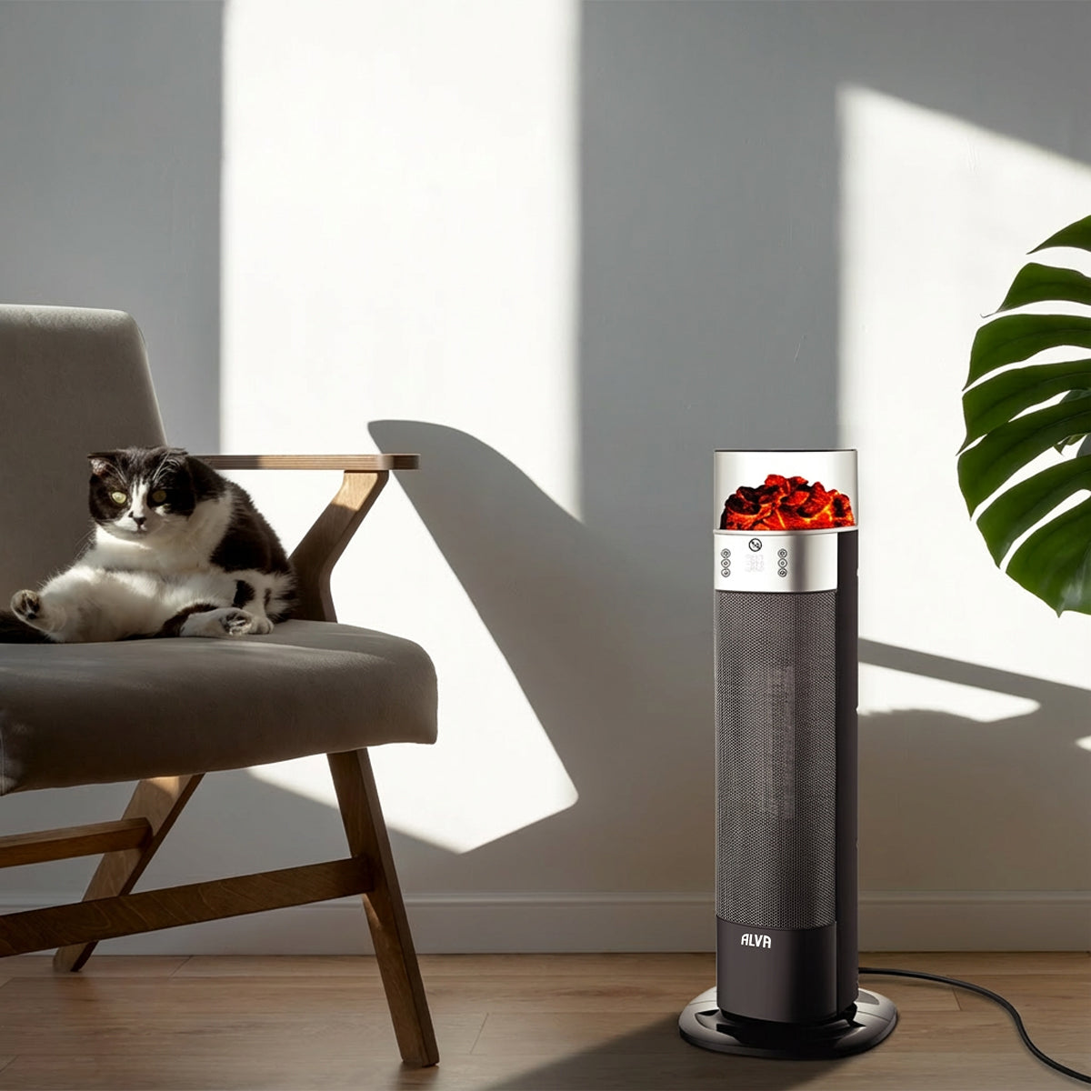 Electric Tower Fan Heater | Flame Effect Design | Remote Control
