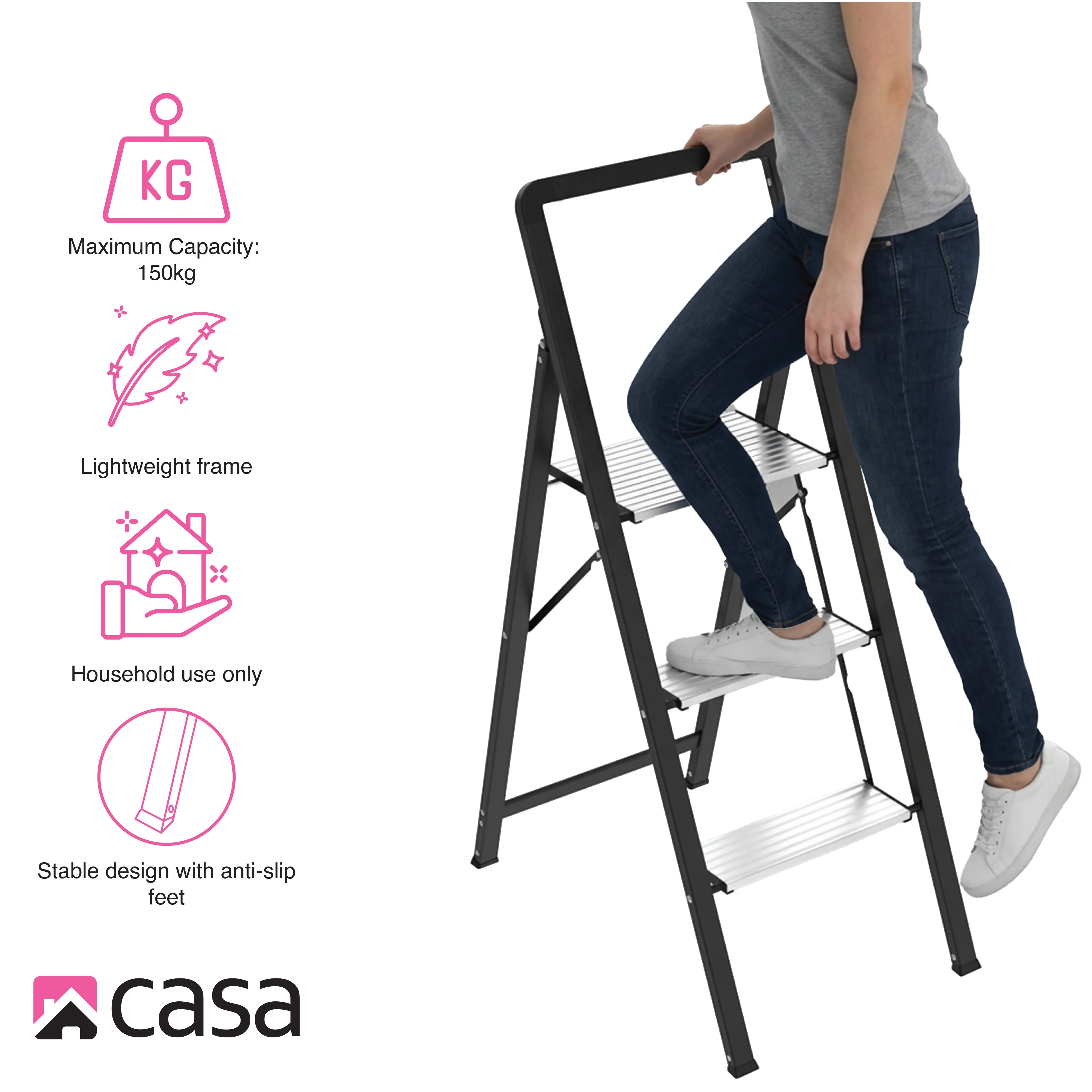 Folding Step Ladder - Steel & Aluminium - 3 Steps - Black/Silver