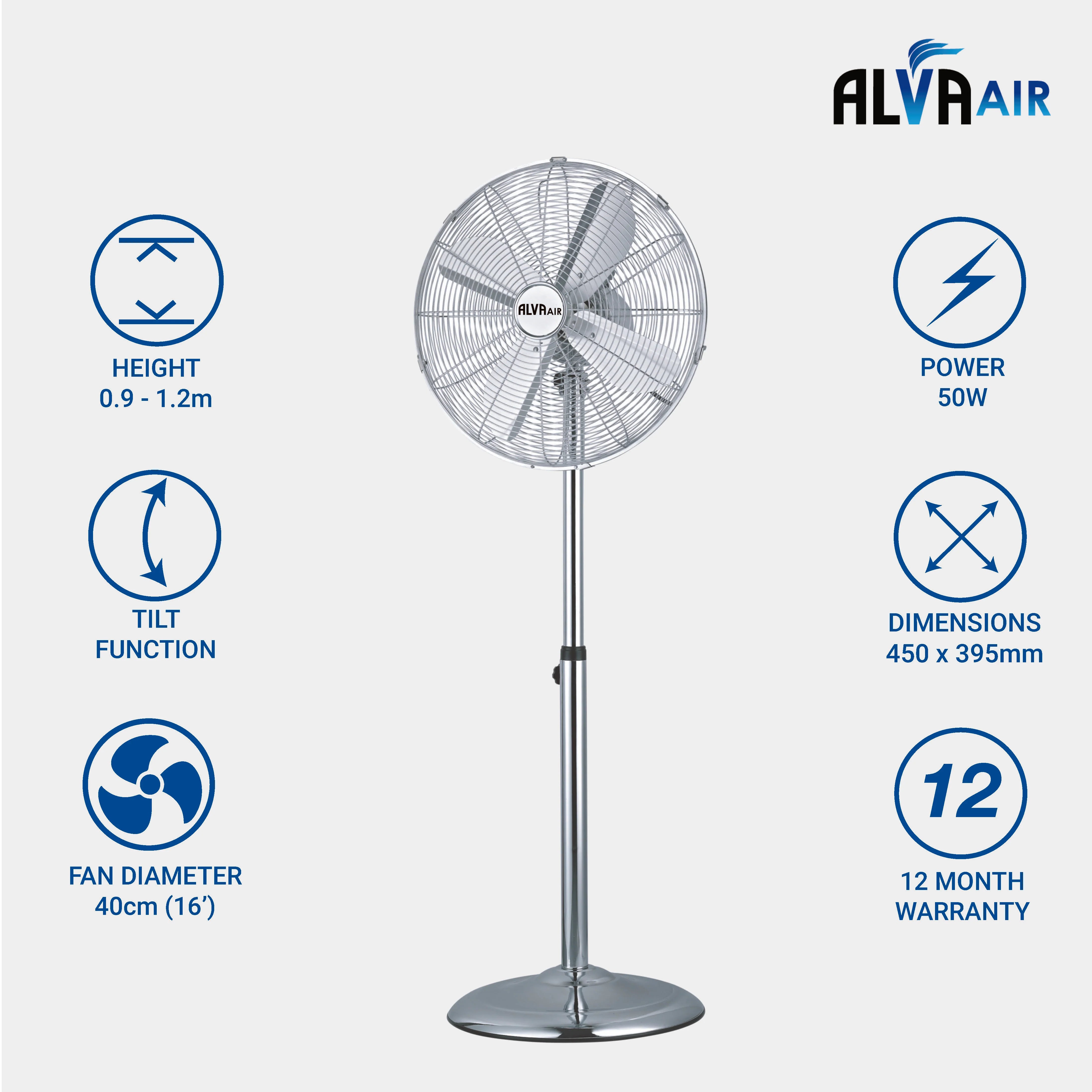 40cm Chrome Telescopic Pedestal Fan 1.2M Tall (Silver)