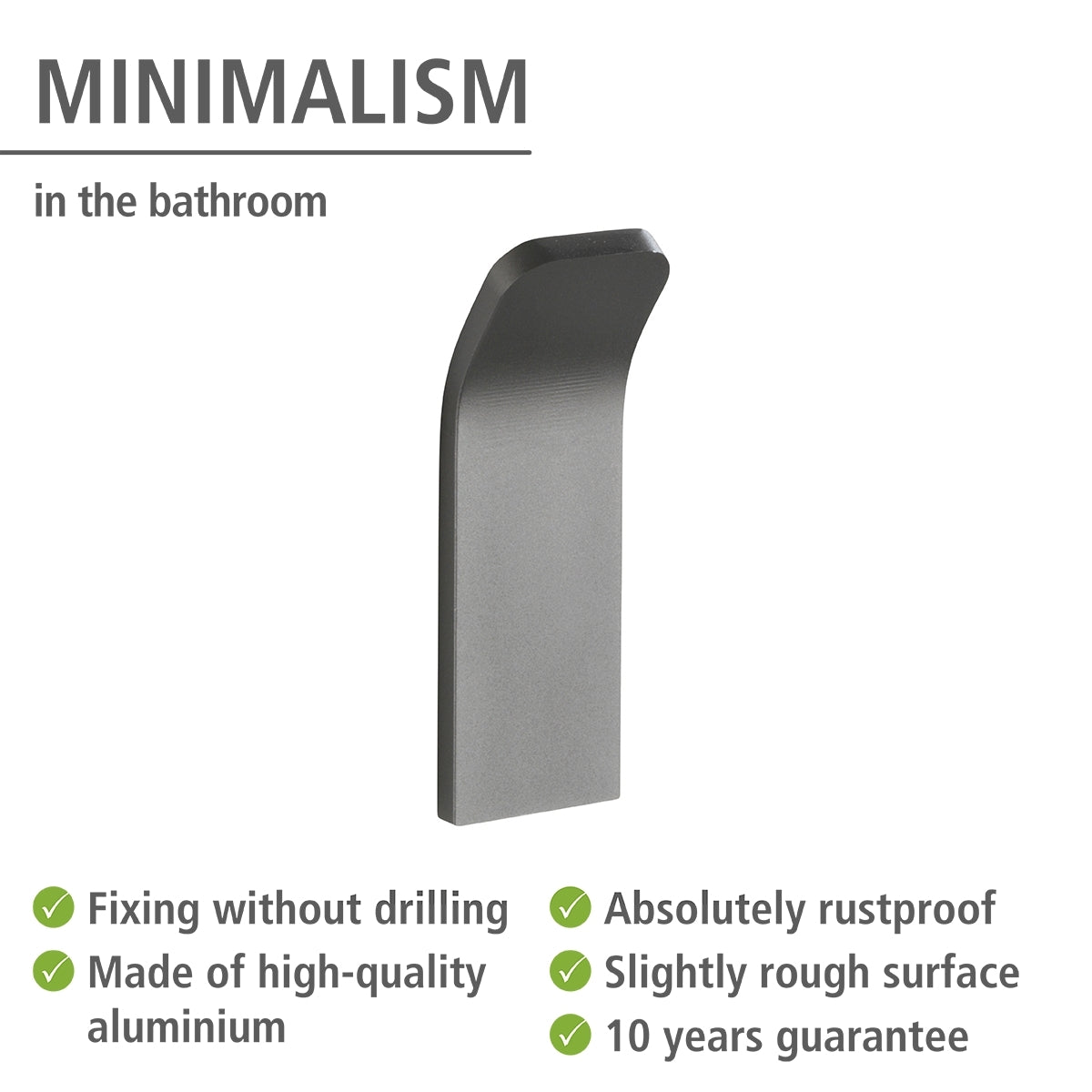 WALL HOOK - MONTELLA RANGE - RUSTPROOF ALUMINIUM - ANTHRACITE -  NO-DRILLING