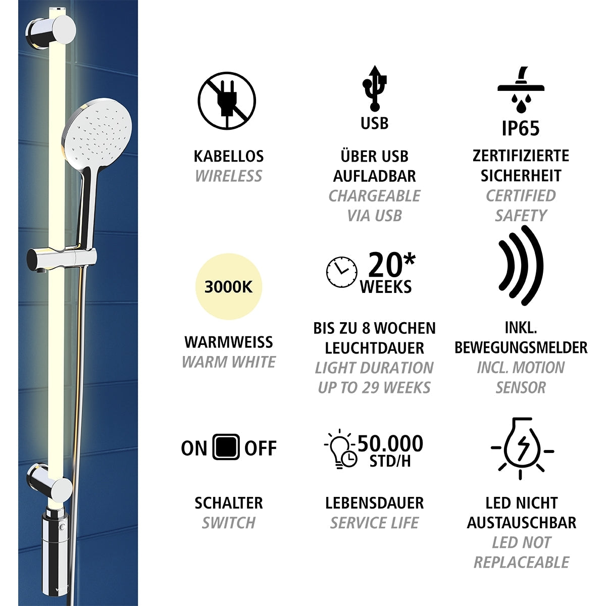 LED Shower Rail 94cm - Warm White