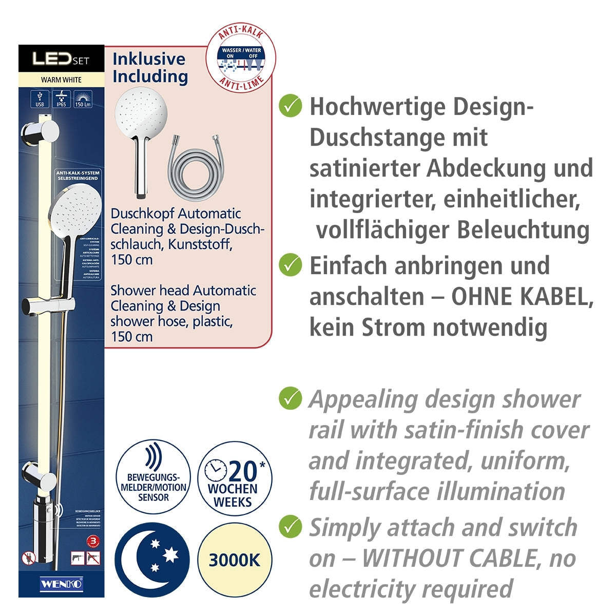 LED Shower Rail 94cm - Warm White