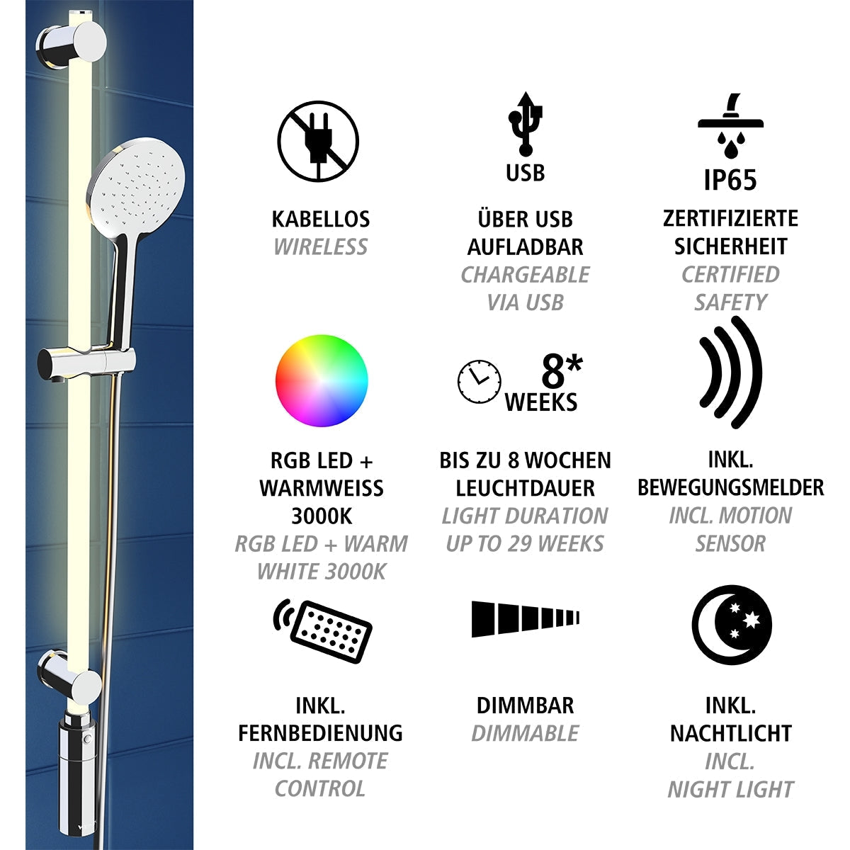 LED Shower Rail 94cm - RGB + Warm White