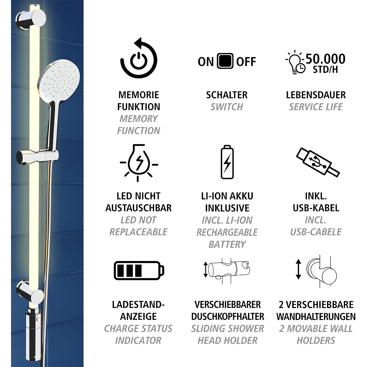 LED Shower Rail 94cm - RGB + Warm White