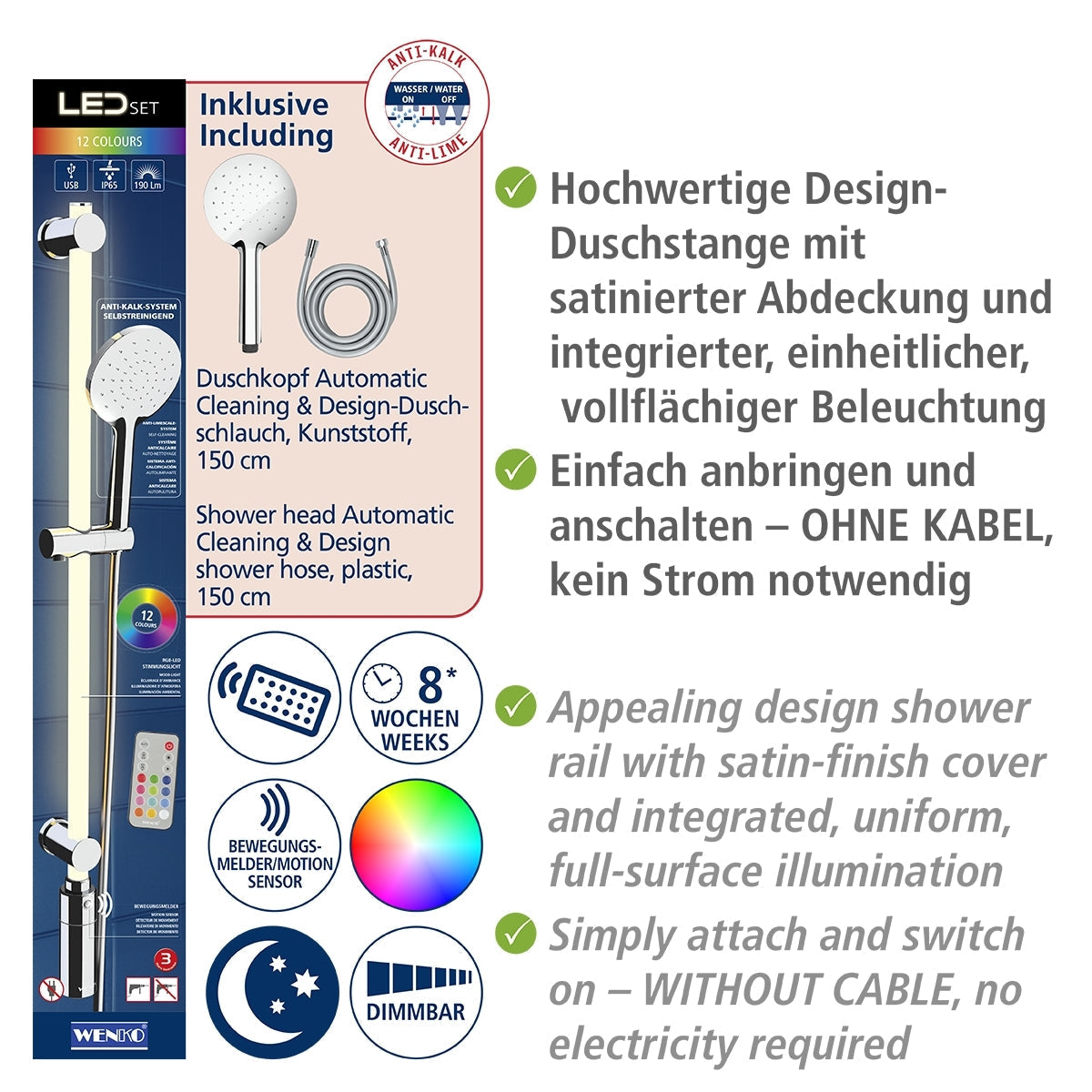 LED Shower Rail 94cm - RGB + Warm White