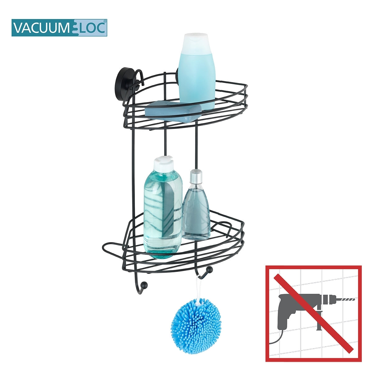 VACUUM-LOC® 2-TIER CORNER RACK - BLACK - WALL SHELF - NO DRILLING