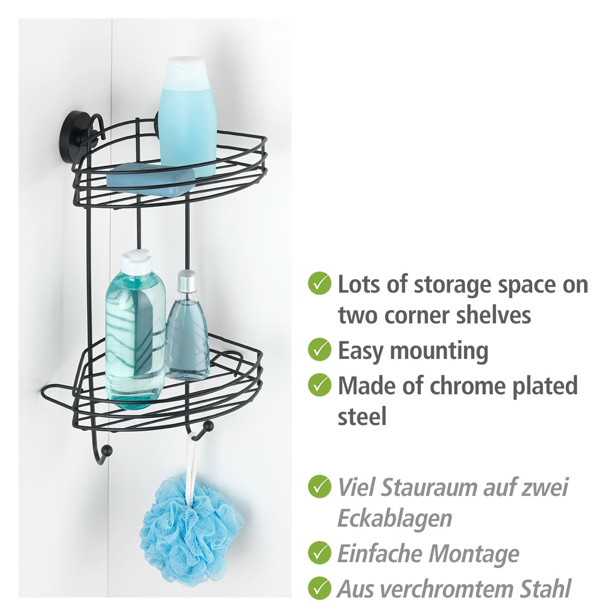 VACUUM-LOC® 2-TIER CORNER RACK - BLACK - WALL SHELF - NO DRILLING