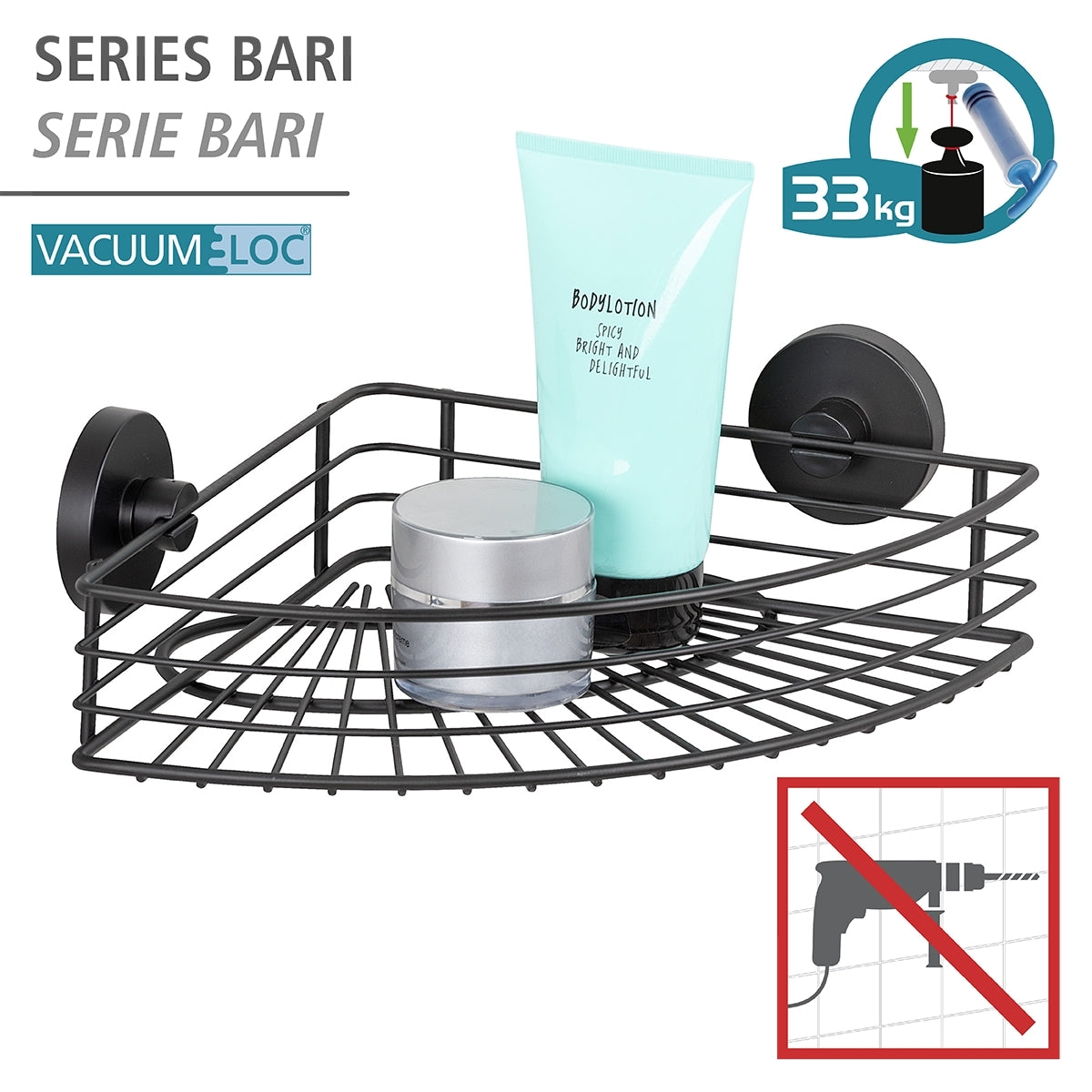 Vacuum-Locâ® Corner Shelf - Bari - Black - Wall Shelf - No Drilling