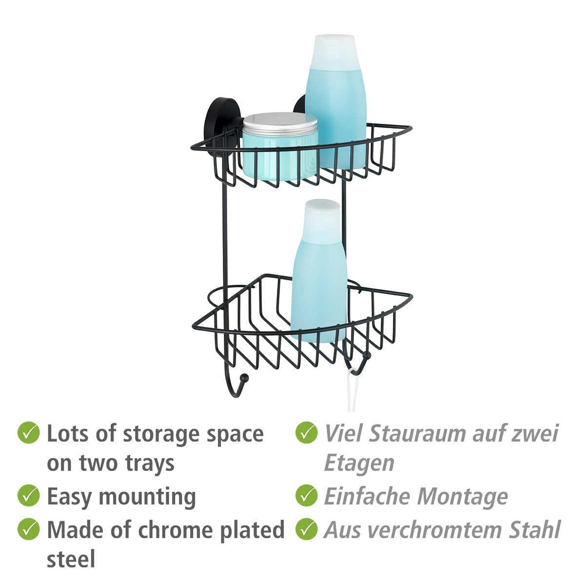 VACUUM-LOC® 2-TIER CORNER RACK BARI - BLACK - WALL SHELF - NO DRILLING