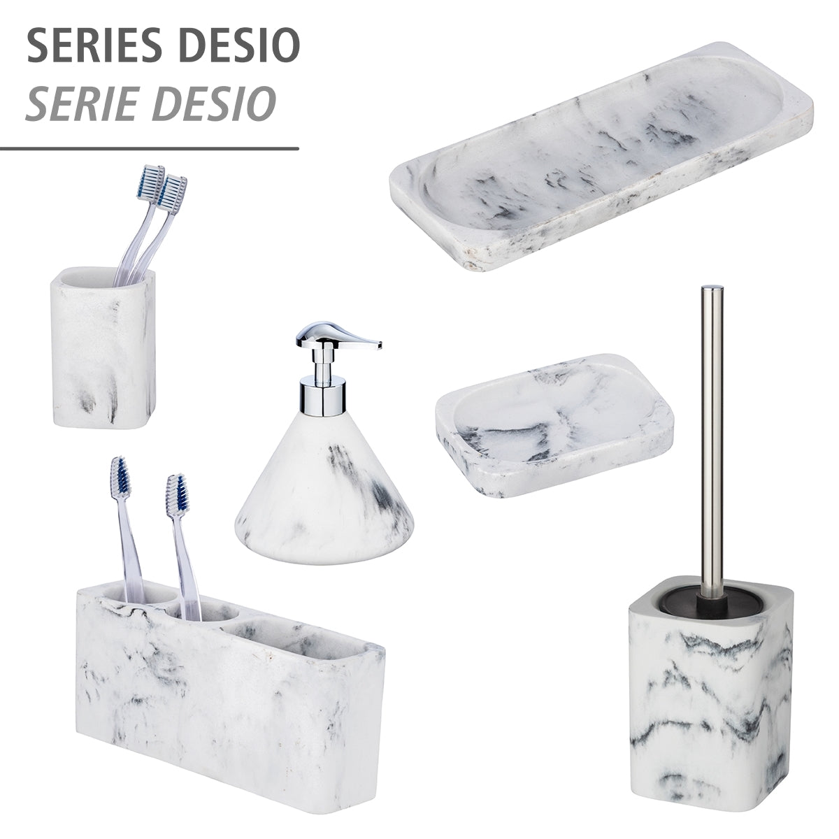 Toilet Brush - Desio - Marble-Look Polyresin - White/Grey