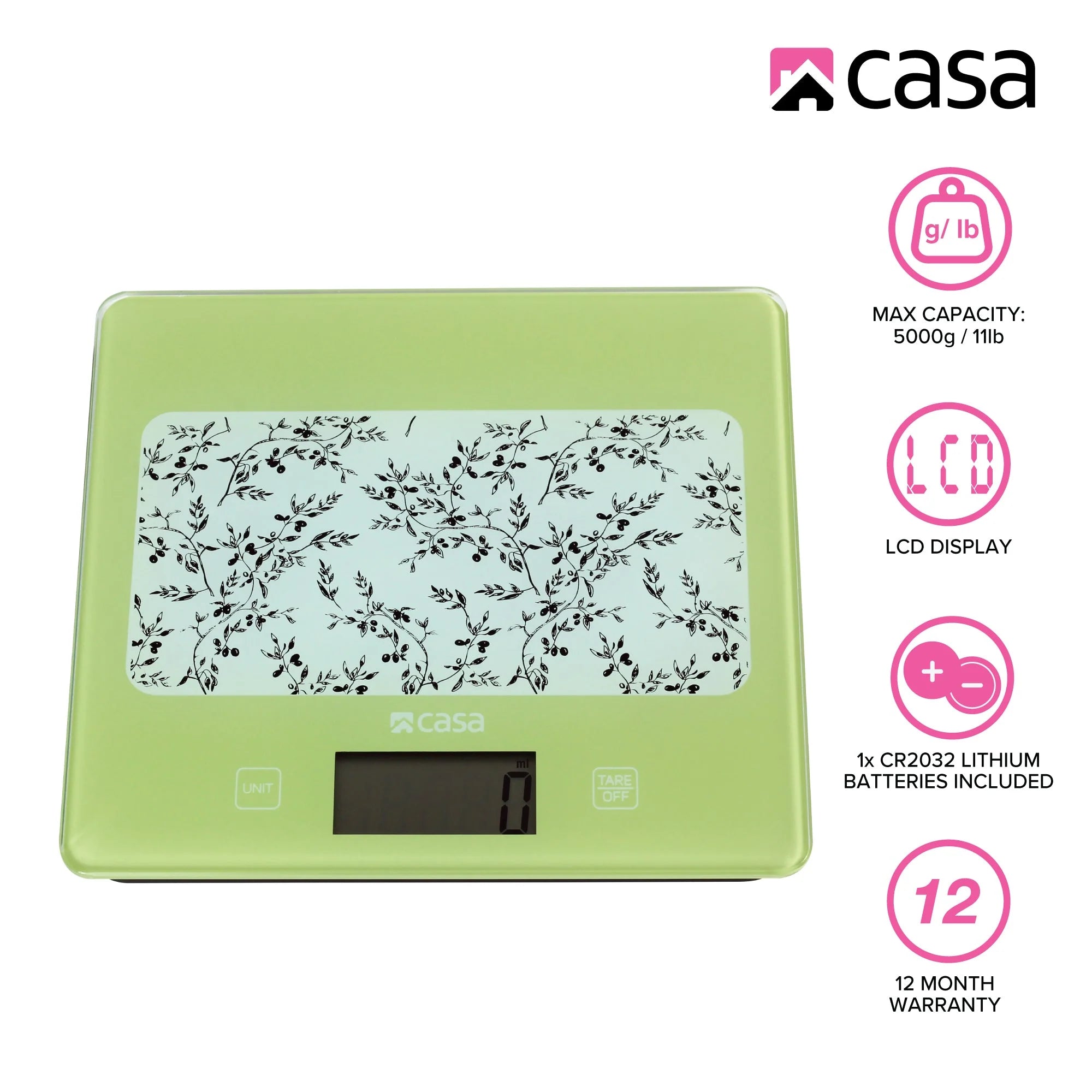 Kitchen Digital Scale - Glass - Green With Olives Design