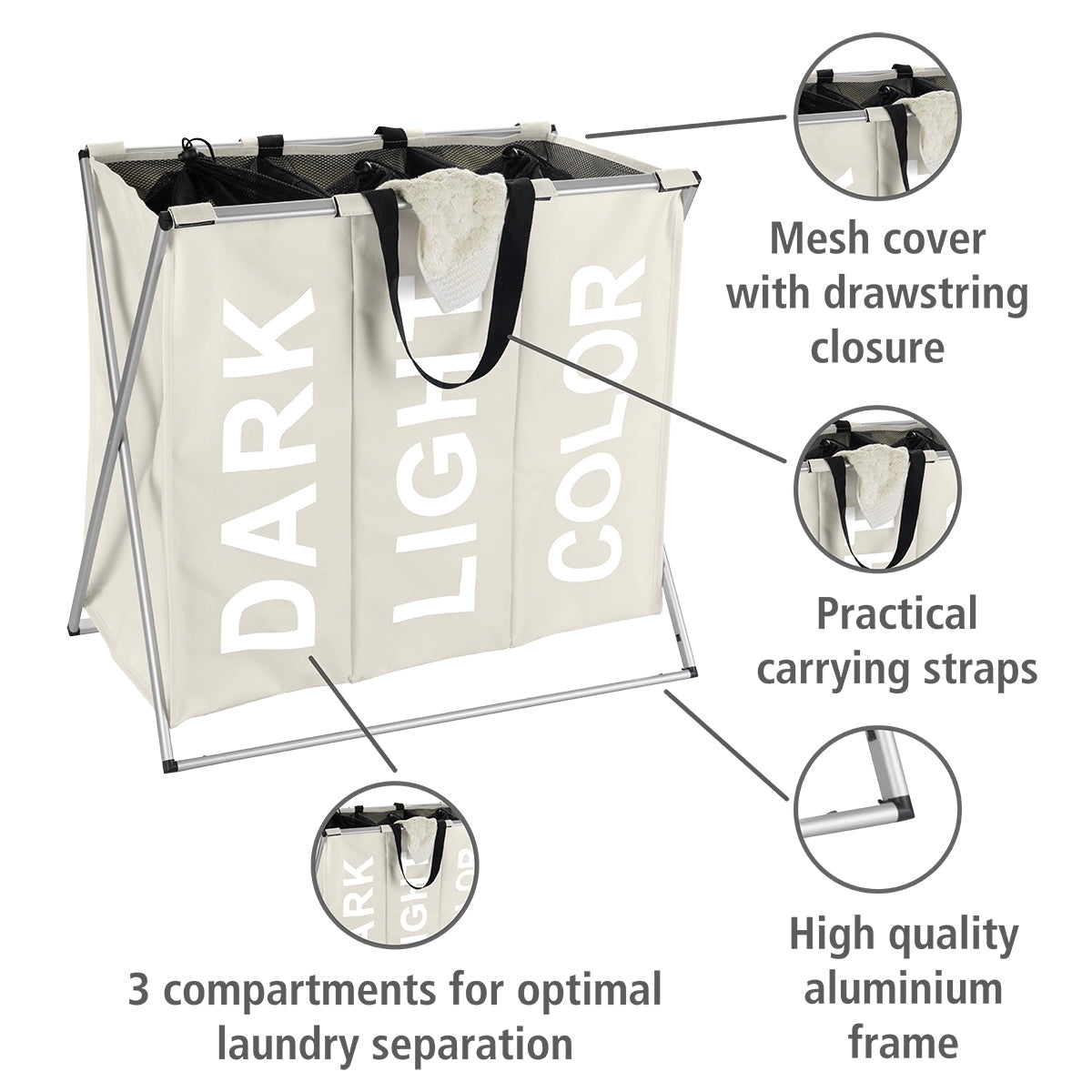 Laundry Basket 130L - 3x43L 3-Section - Trio - Beige