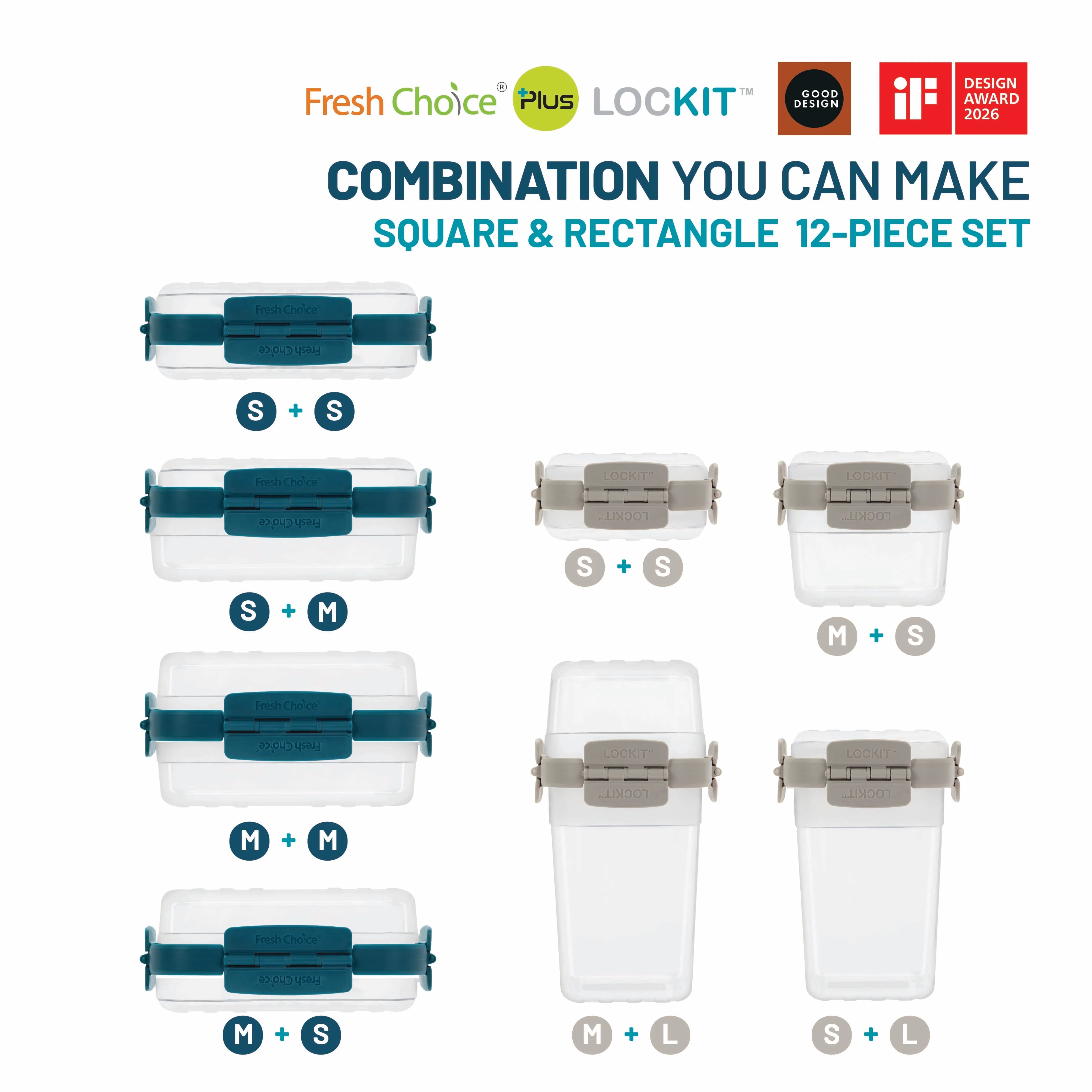 Fresh Choice | Lockit Square & Rectangle 12-Piece Set | Modular Food Storage