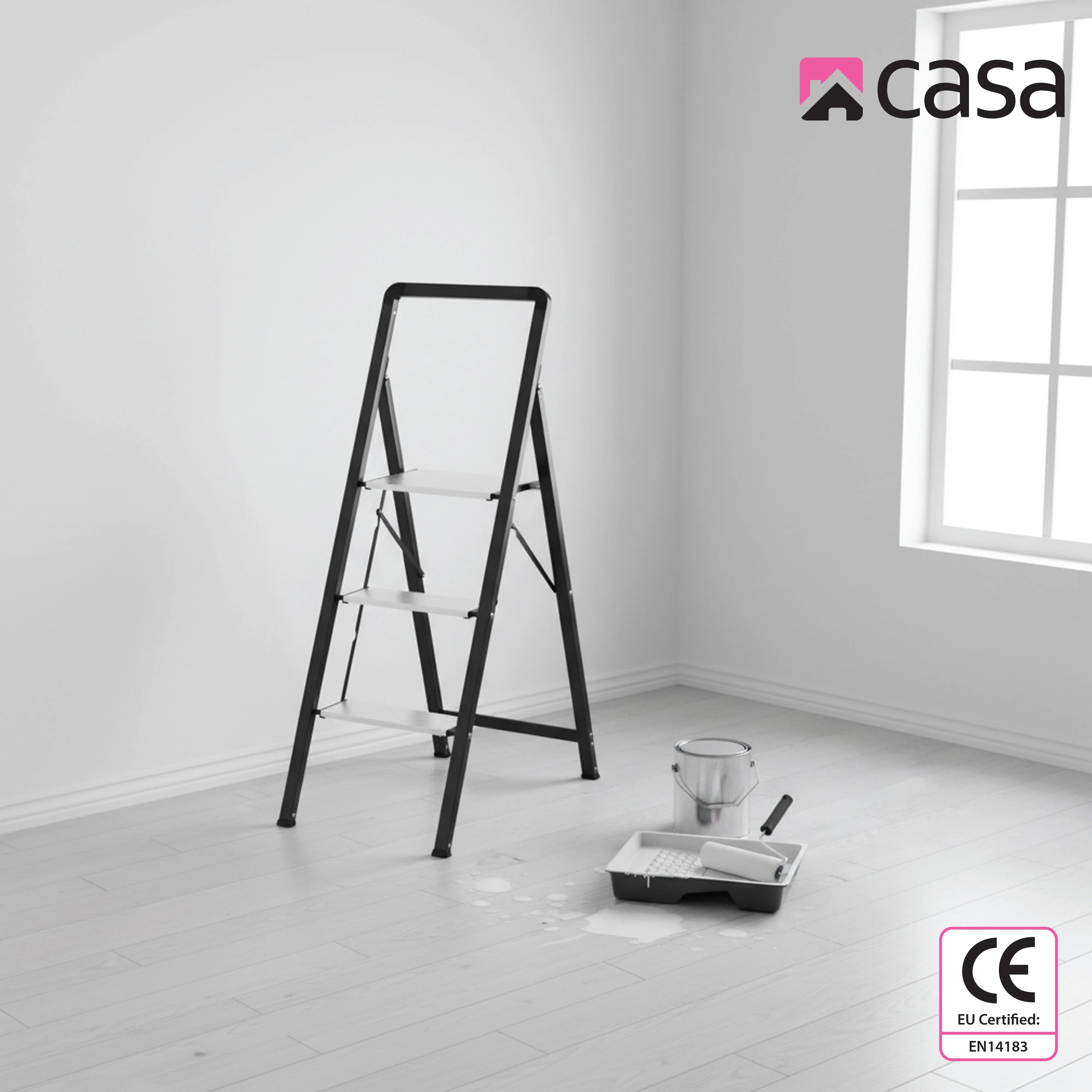 Folding Step Ladder - Steel & Aluminium - 3 Steps - Black/Silver