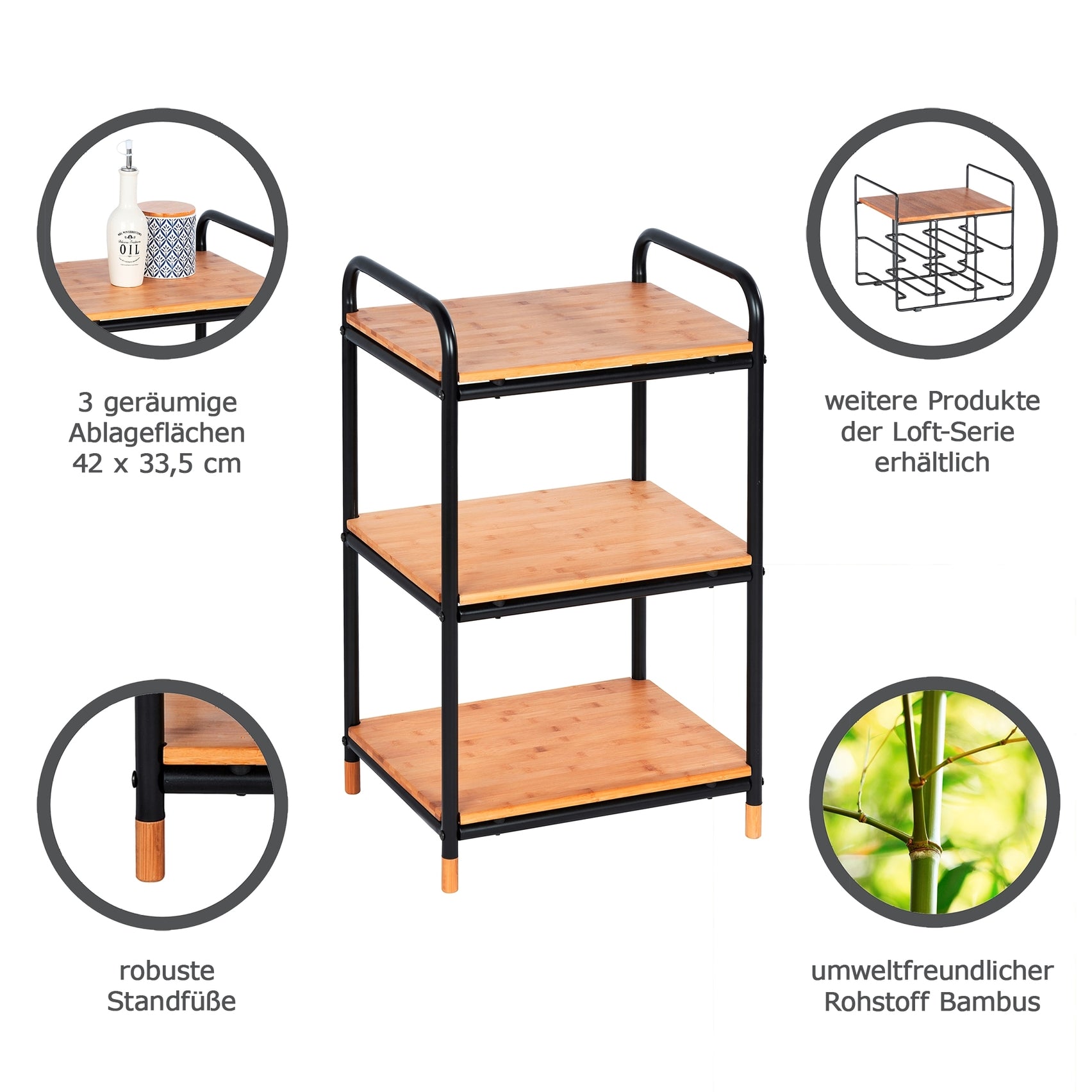 3-Tier Shelving Unit - Loft - Metal & Bamboo