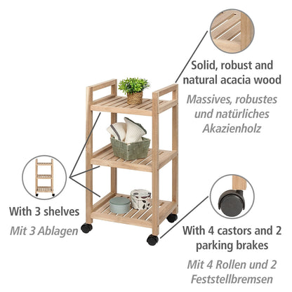 3-TIER SHELVING UNIT WITH WHEELS - ACINA RANGE - ACACIA WOOD