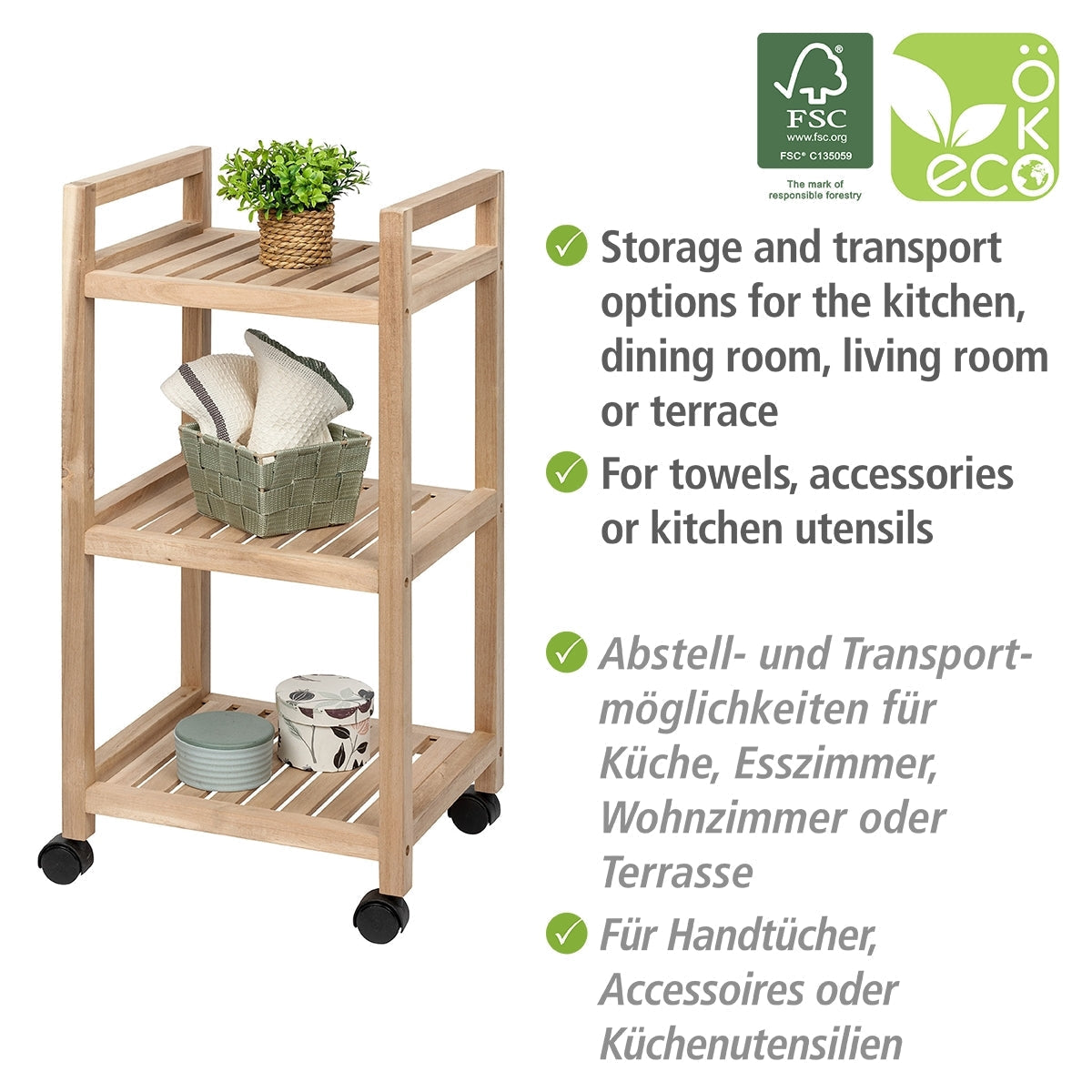 3-TIER SHELVING UNIT WITH WHEELS - ACINA RANGE - ACACIA WOOD