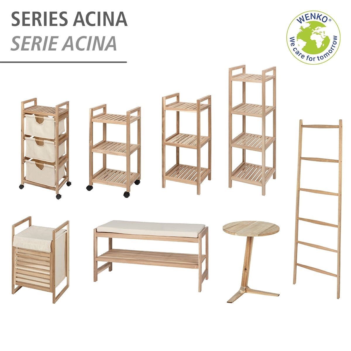 3-TIER SHELVING UNIT WITH WHEELS - ACINA RANGE - ACACIA WOOD