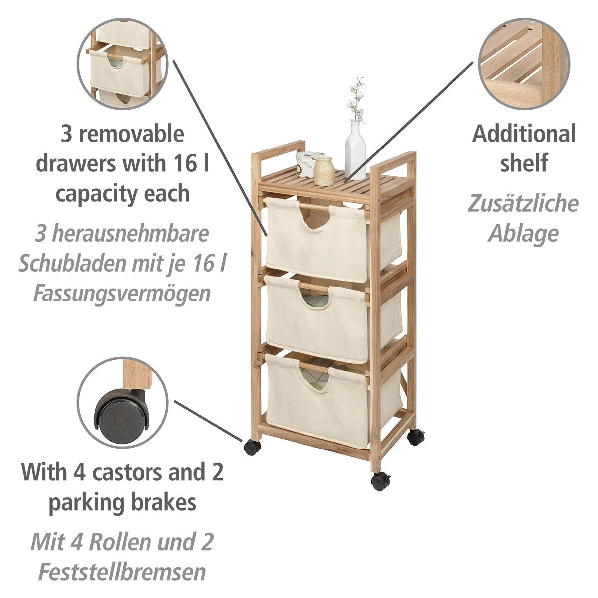 Laundry Trolley - 3 Drawers - Acina - Acacia Wood