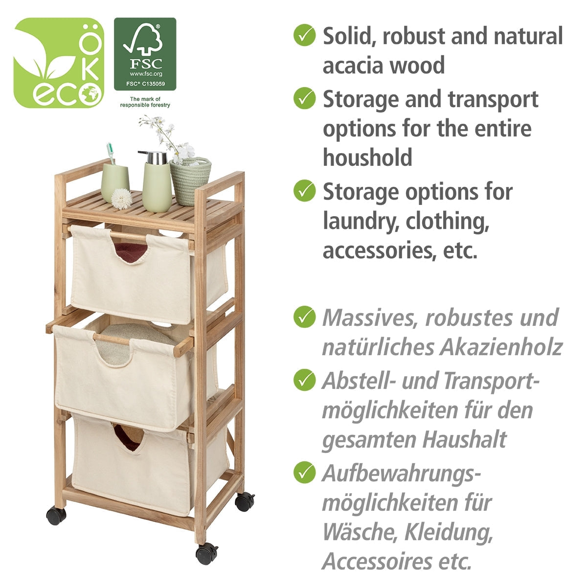 Laundry Trolley - 3 Drawers - Acina - Acacia Wood
