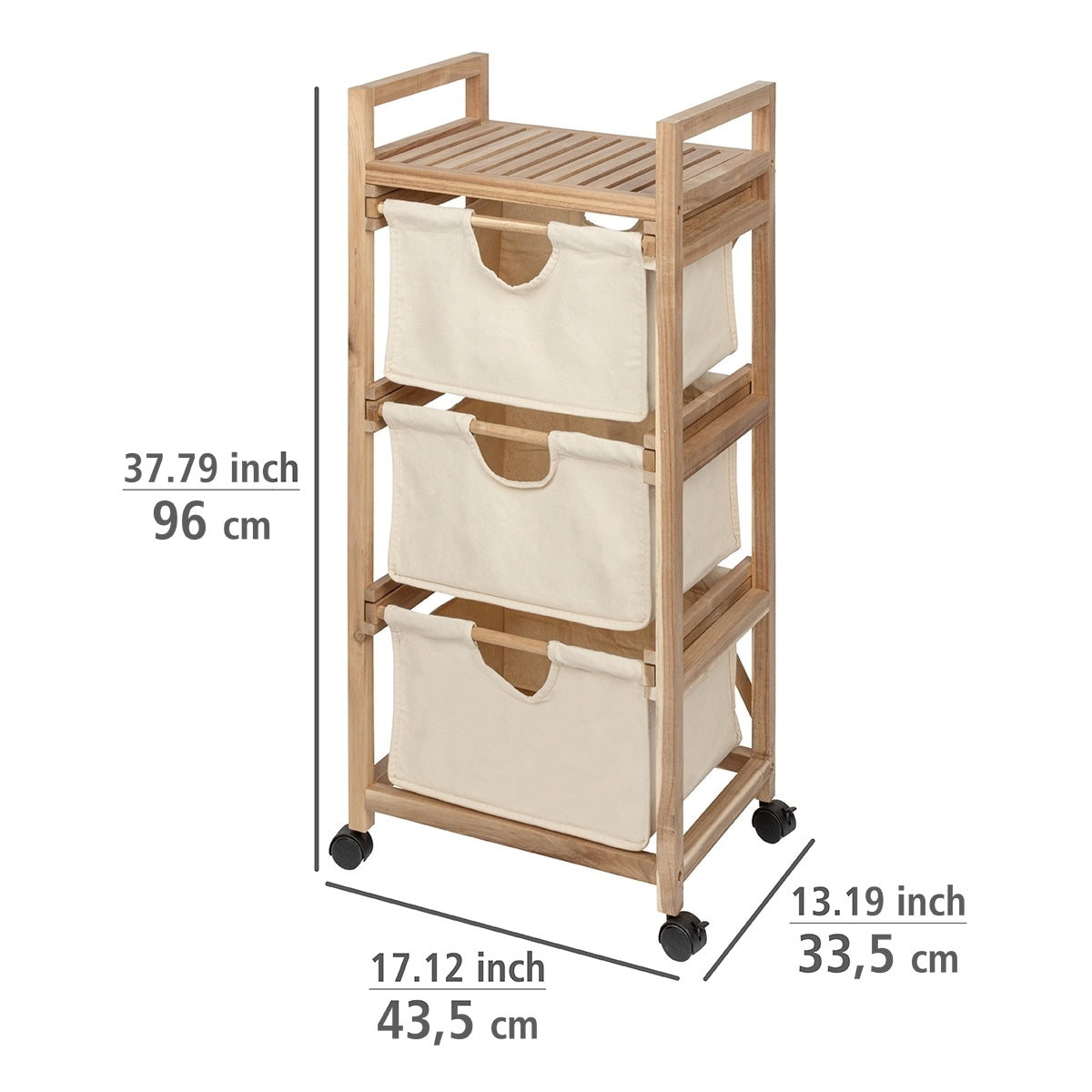Laundry Trolley - 3 Drawers - Acina - Acacia Wood