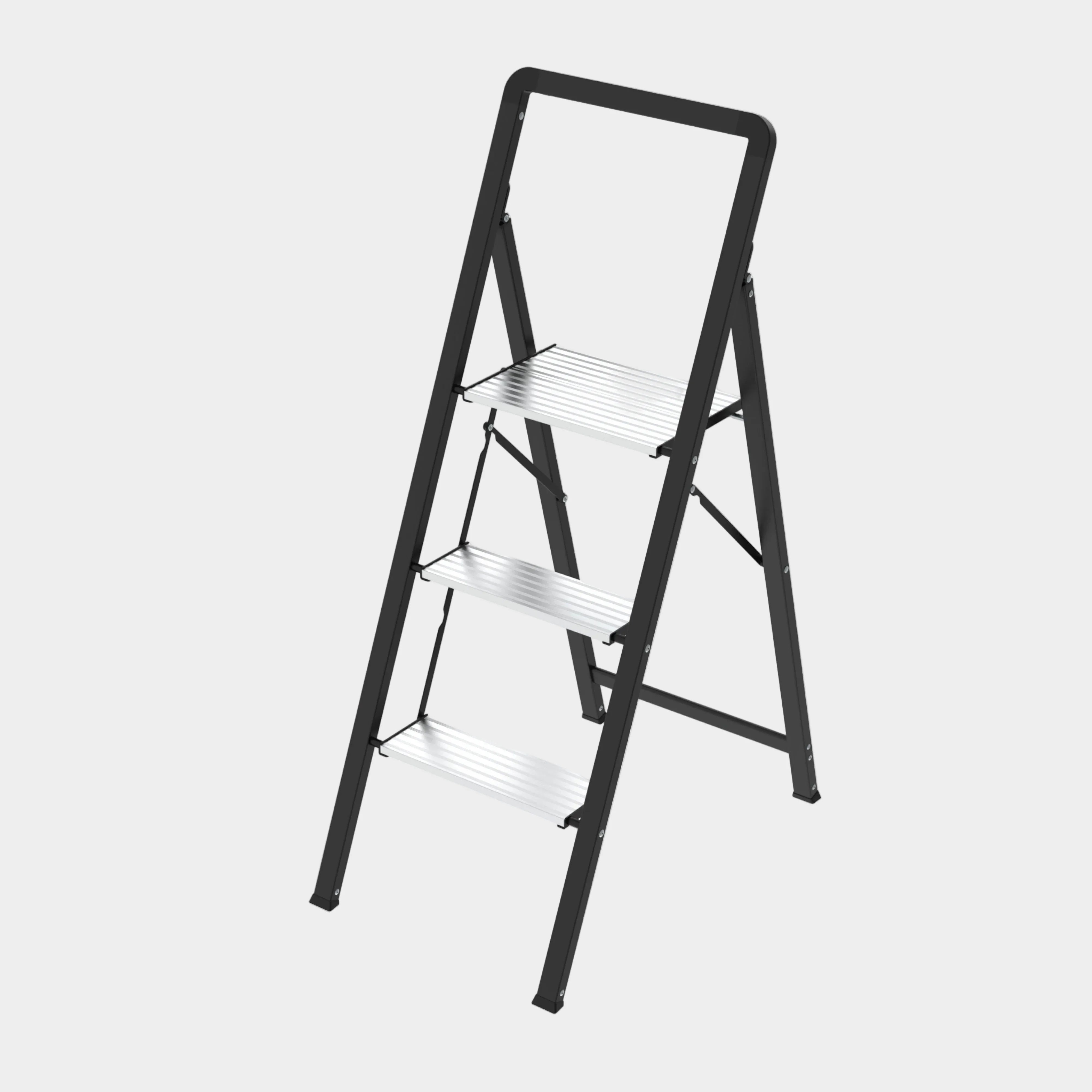 Folding Step Ladder - Steel & Aluminium - 3 Steps - Black/Silver