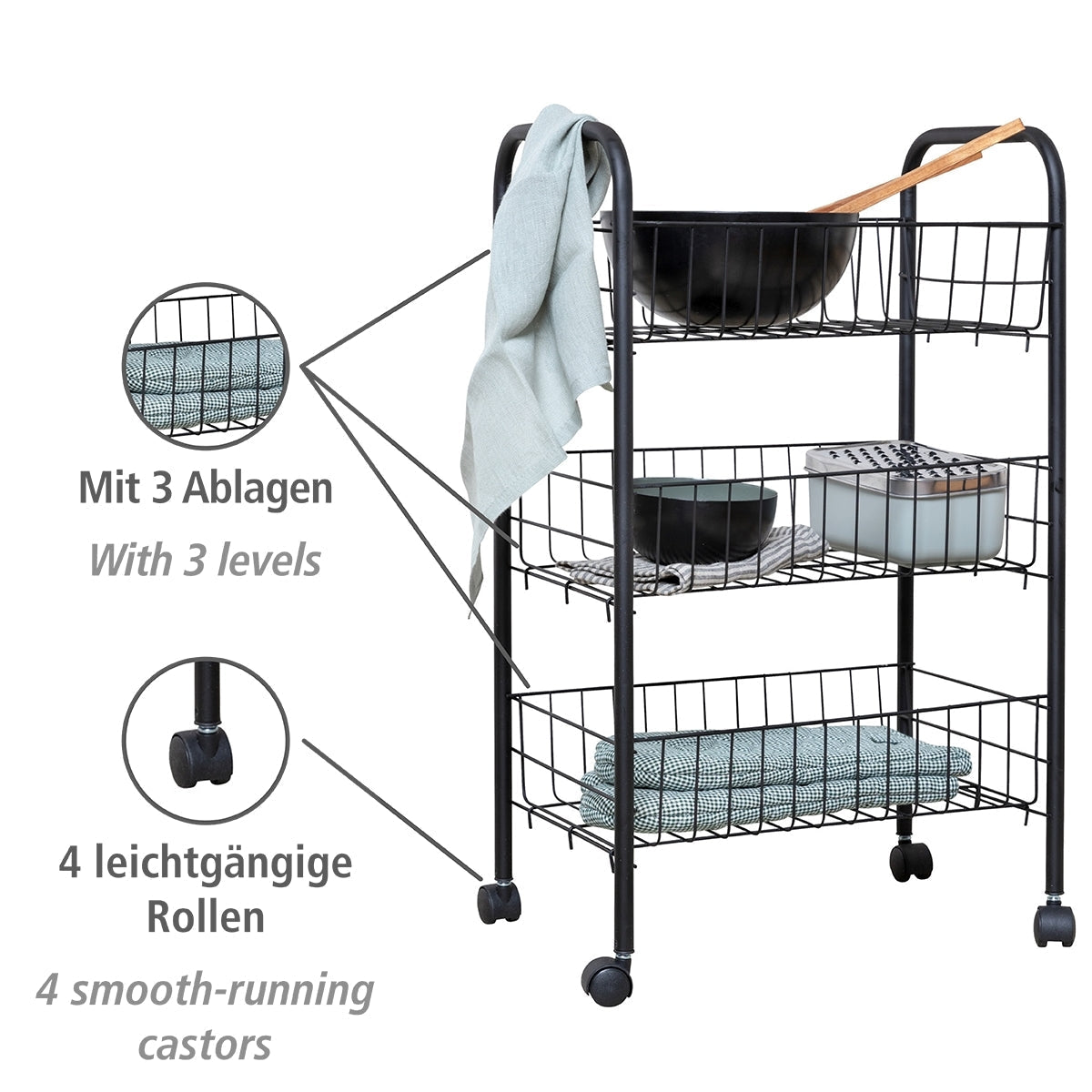 MULTI-PURPOSE METAL TROLLEY - 3 SHELVES - FLORENZ - BLACK