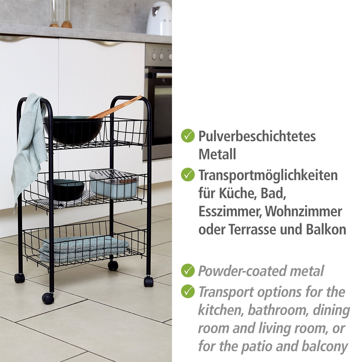 MULTI-PURPOSE METAL TROLLEY - 3 SHELVES - FLORENZ - BLACK