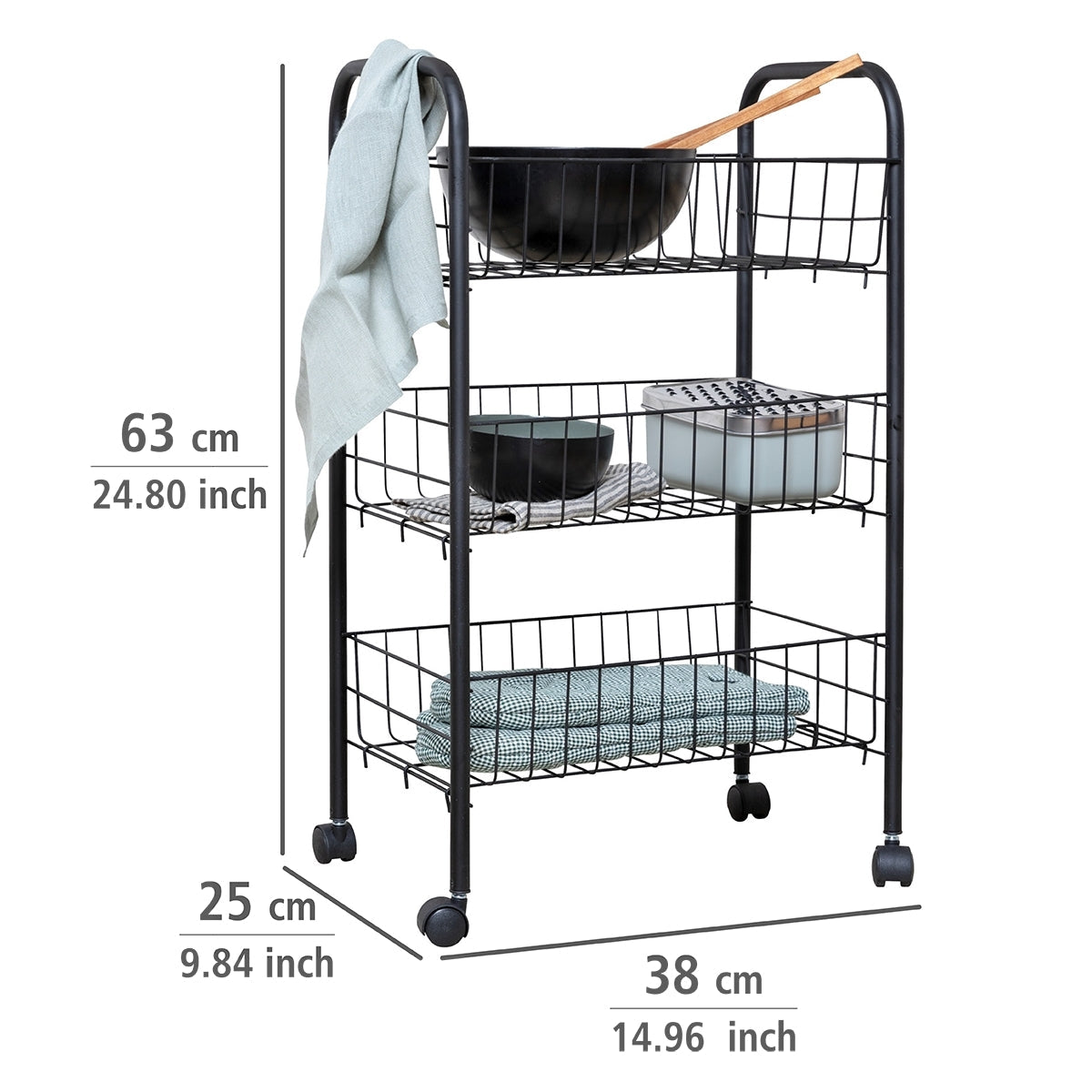 MULTI-PURPOSE METAL TROLLEY - 3 SHELVES - FLORENZ - BLACK