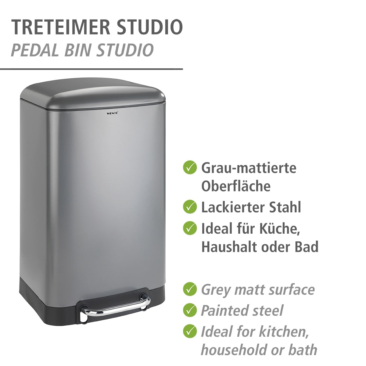 30L PEDAL BIN - STUDIO RANGE - EASY-CLOSE - STAINLESS STEEL - GREY