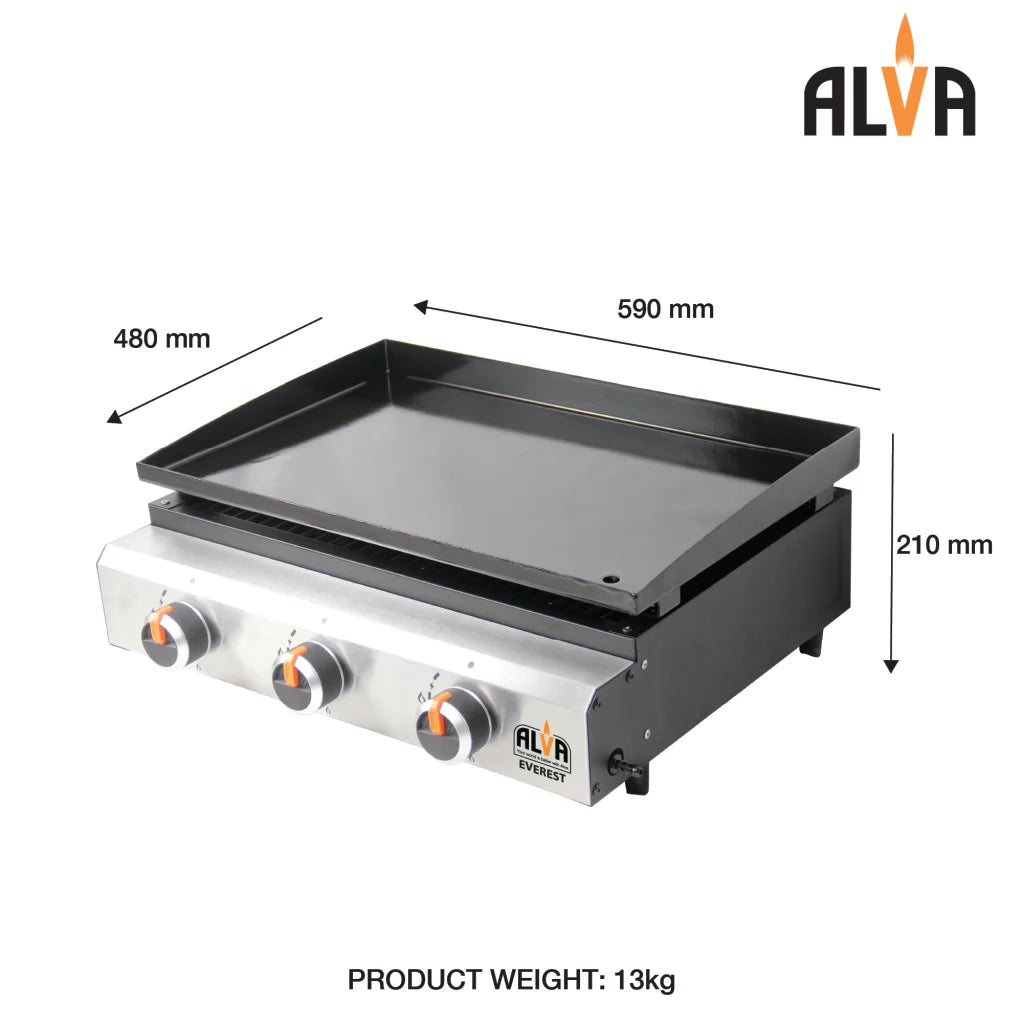 Alva Everest Tabletop 3-Burner Gas BBQ with Grill, Plancha Plate & Cover