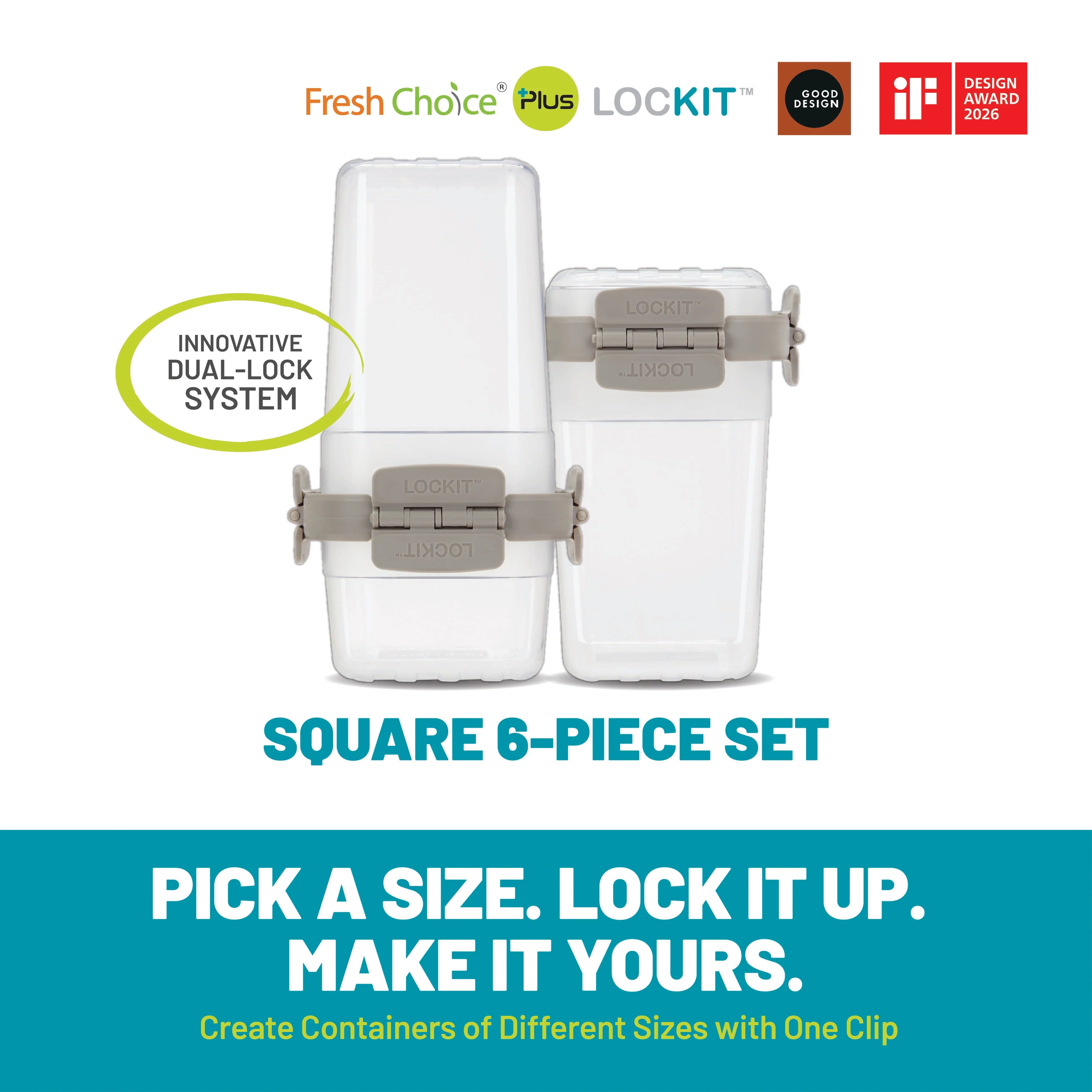 Fresh Choice | Lockit Square Large 6-Piece Set | Modular Food Storage