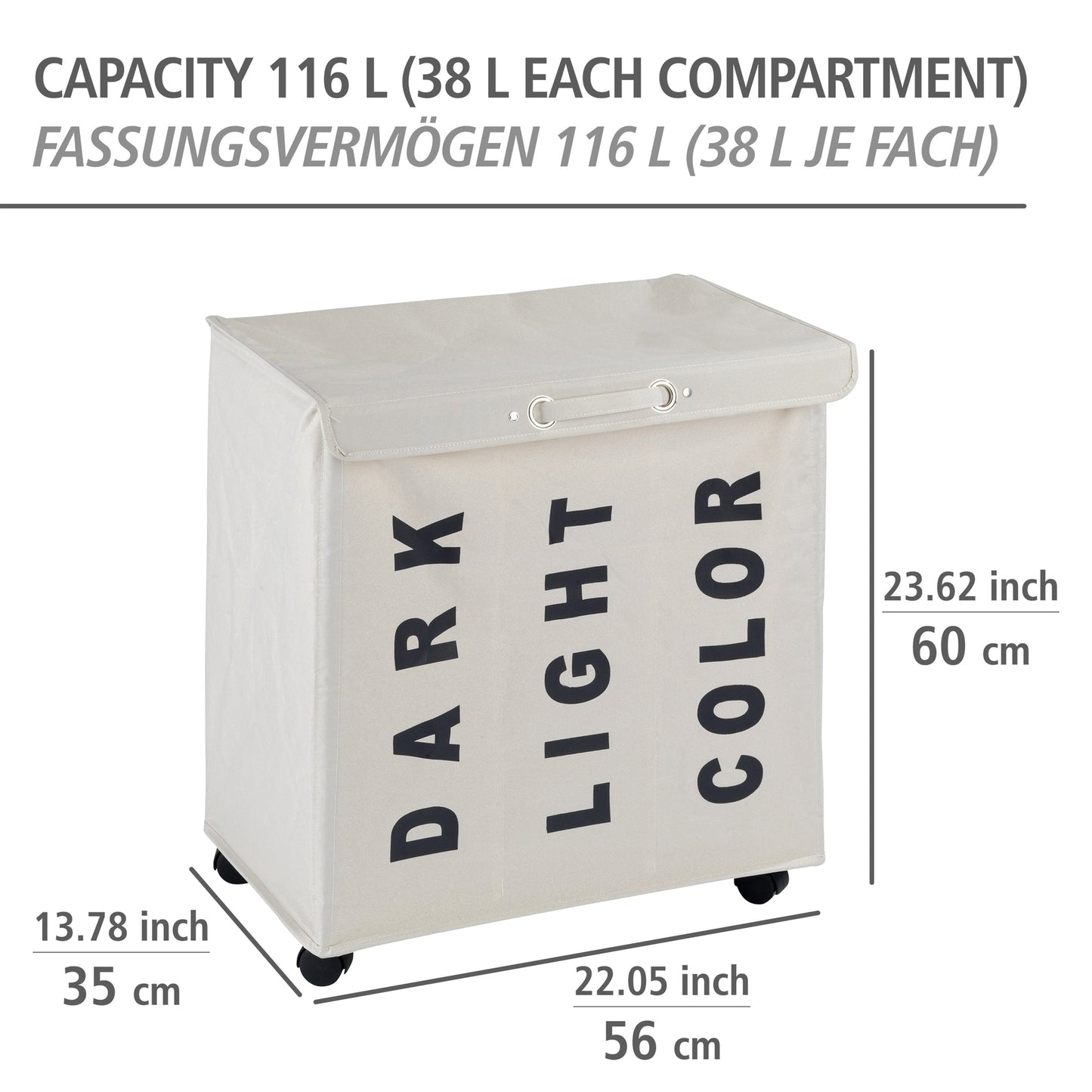 LAUNDRY BASKET 116L - 3 COMPARTMENT - TRIVO RANGE - BEIGE