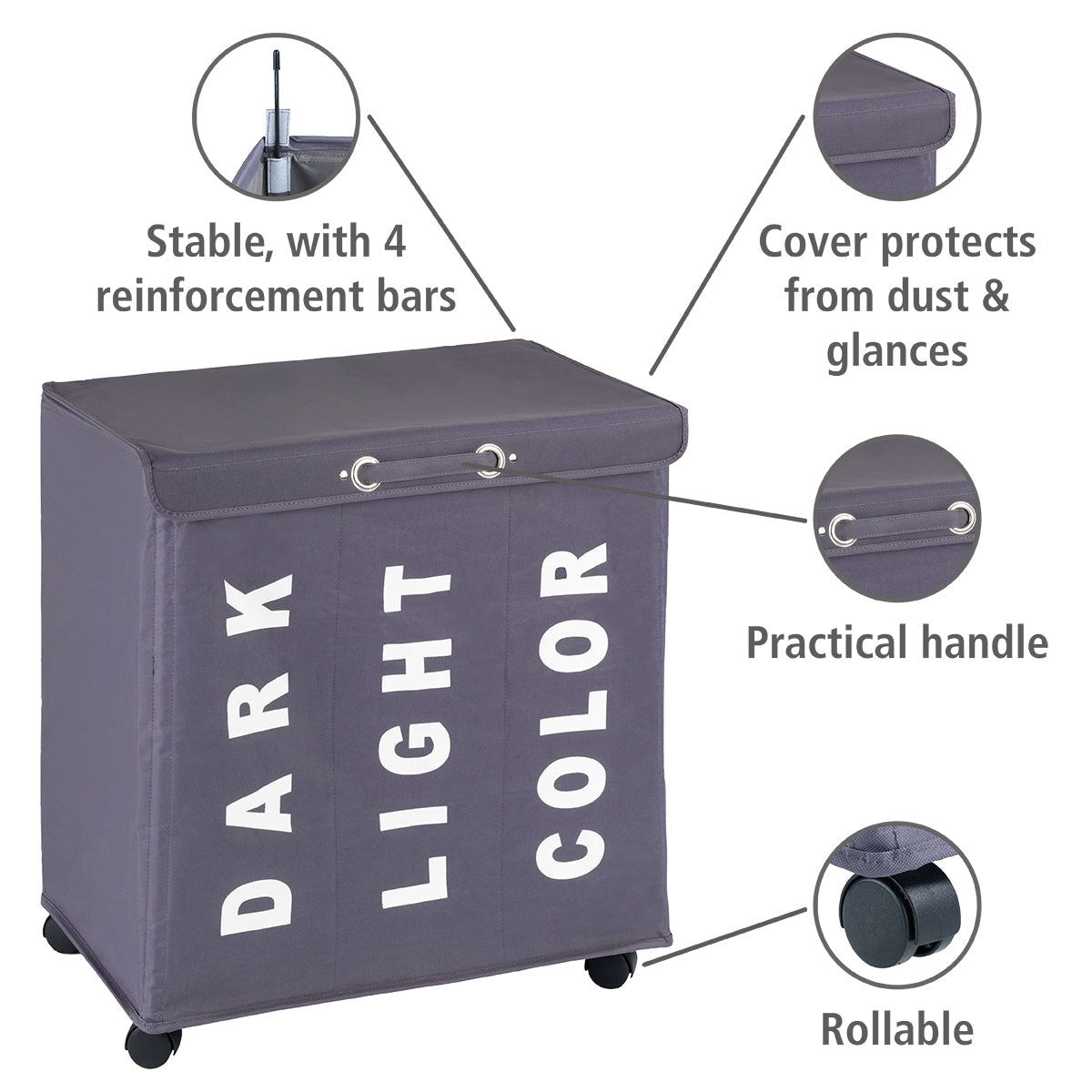 Laundry Basket 116L - 3 Compartment - Trivo - Grey