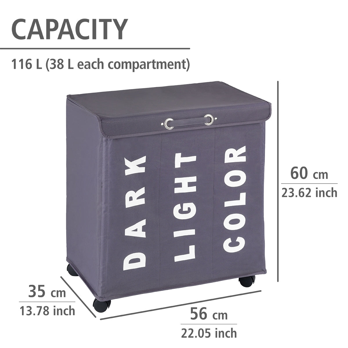 Laundry Basket 116L - 3 Compartment - Trivo - Grey