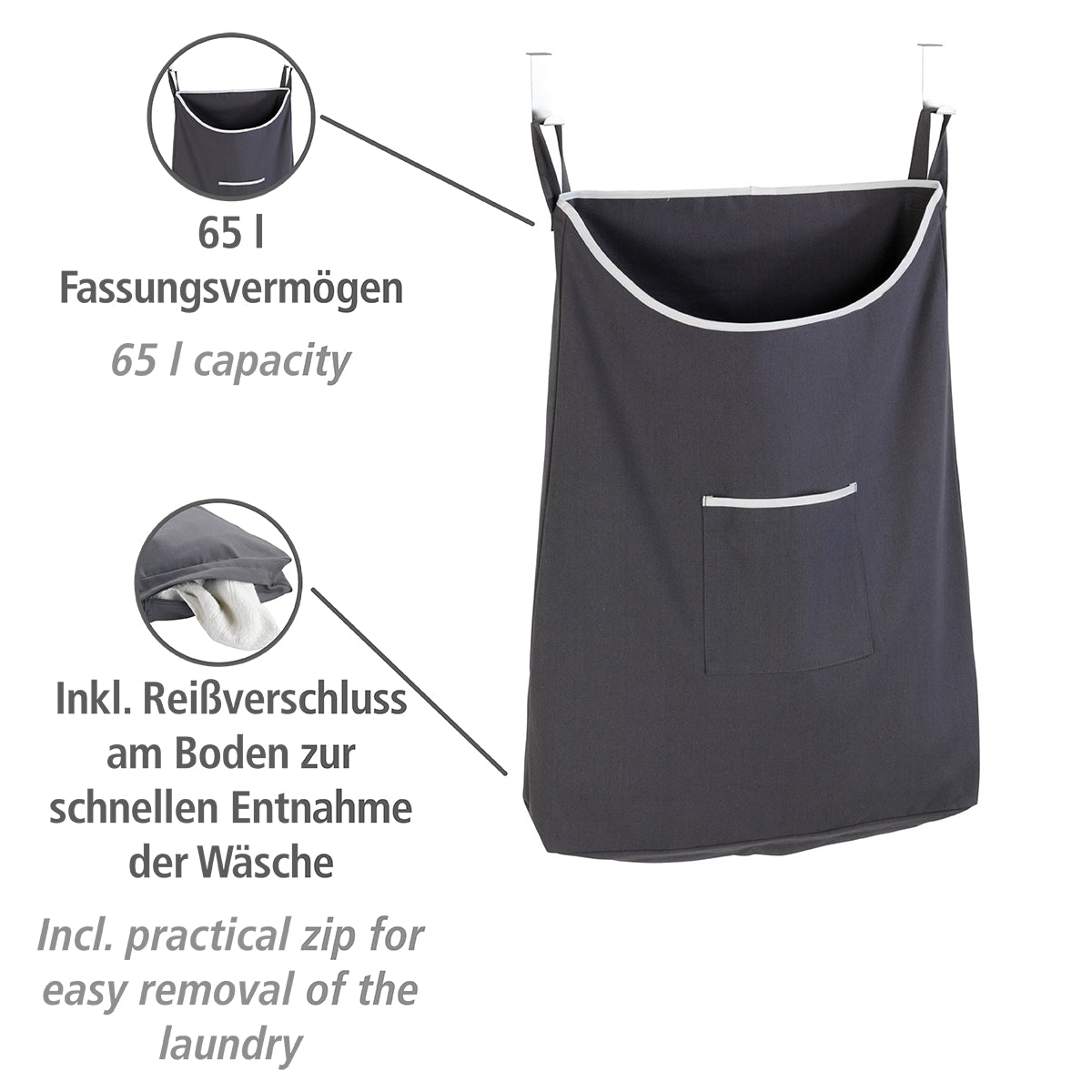 Over The Door Cloth Laundry Basket Canguro Range - Grey