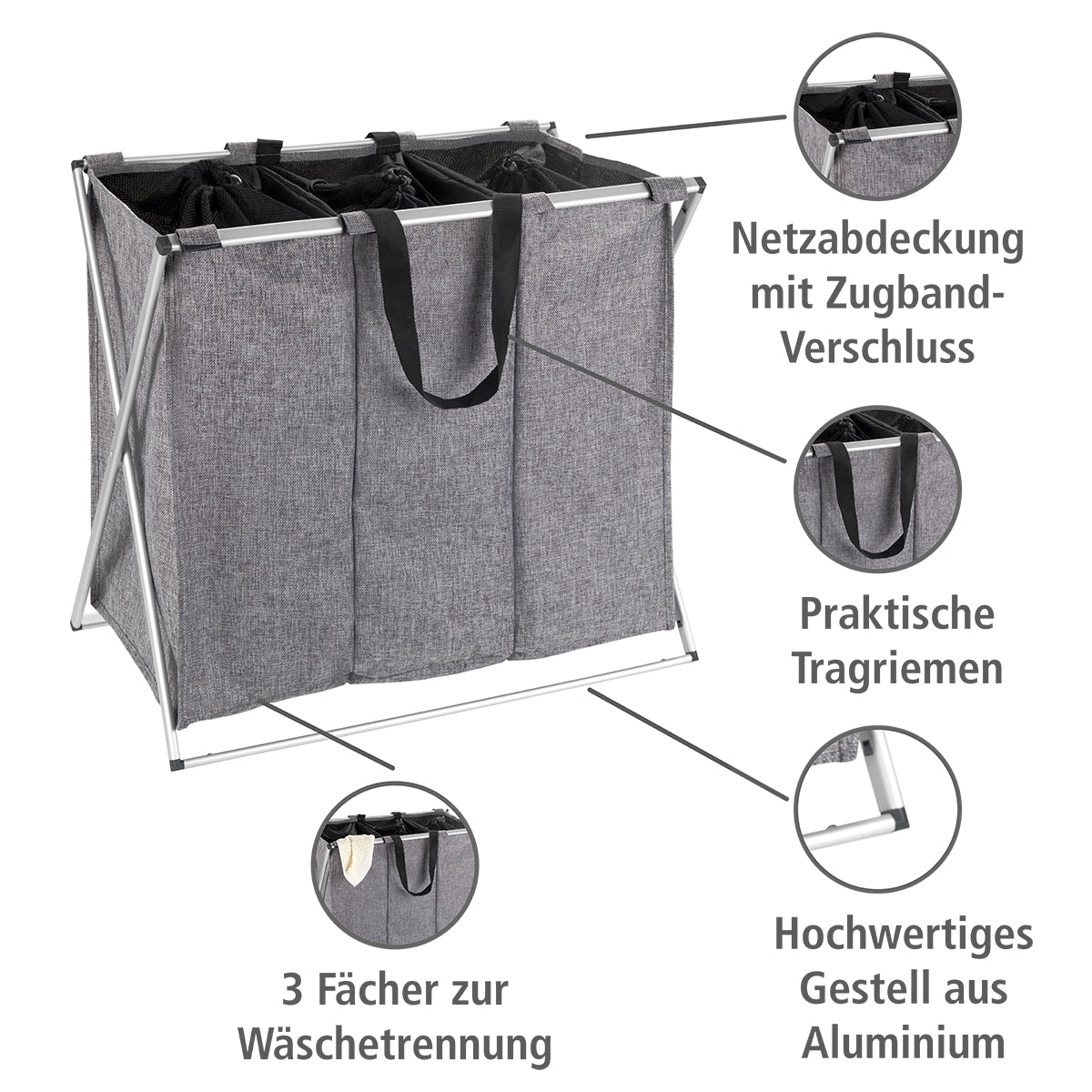 LAUNDRY BASKET 130L - 3 X 43L SECTION - ALUMINIUM FRAME - TRIO - GREY