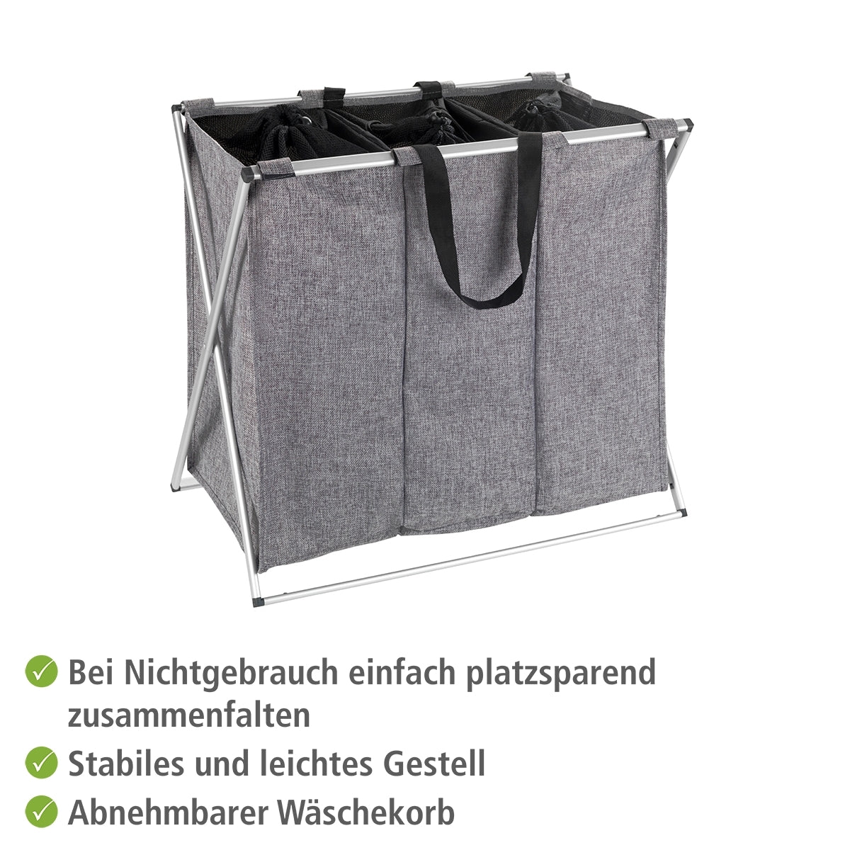 LAUNDRY BASKET 130L - 3 X 43L SECTION - ALUMINIUM FRAME - TRIO - GREY