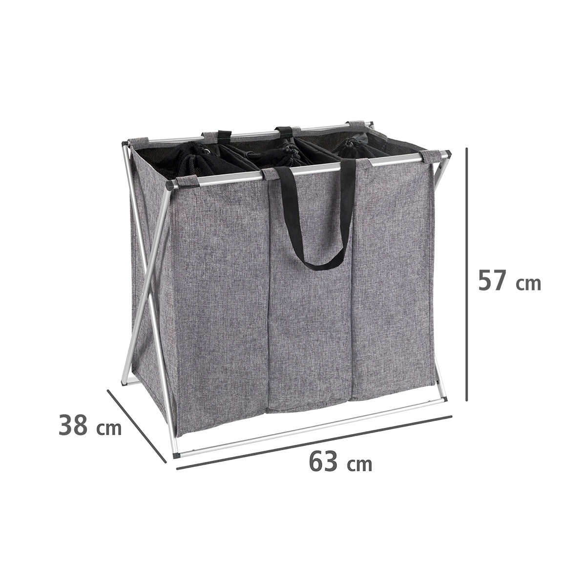 LAUNDRY BASKET 130L - 3 X 43L SECTION - ALUMINIUM FRAME - TRIO - GREY