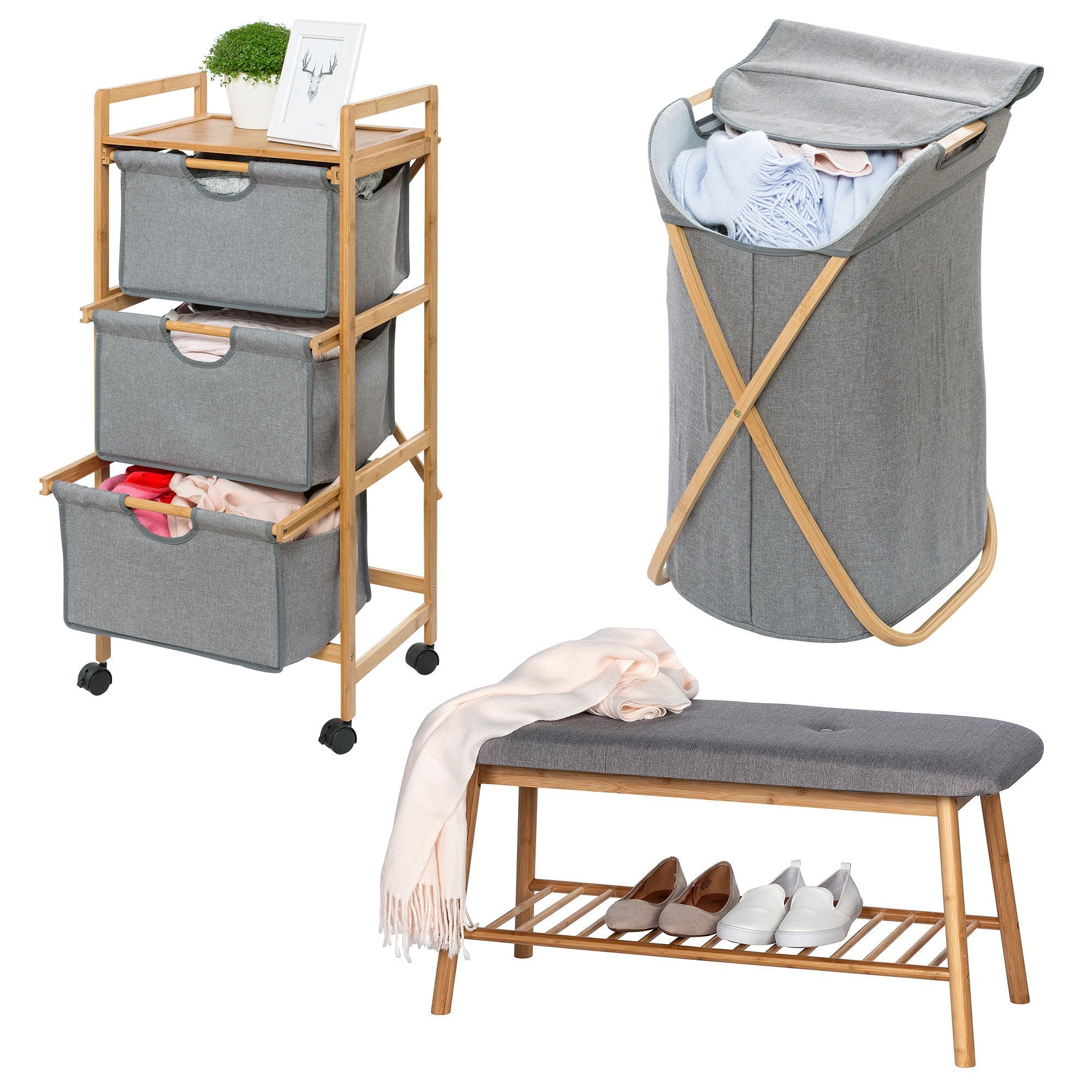 Laundry Trolley - 3 Drawer - Bahari - Bamboo Grey