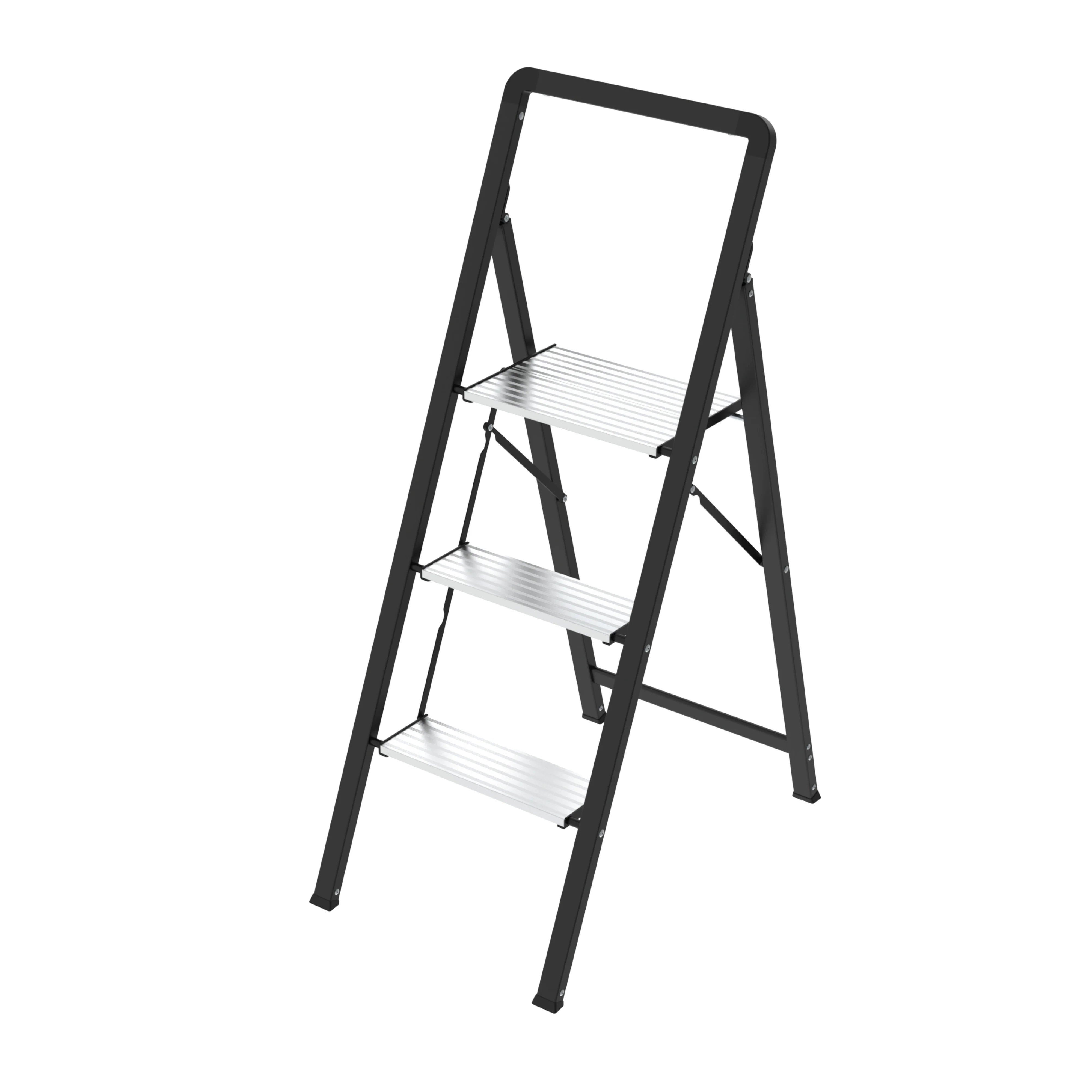 Folding Step Ladder - Steel & Aluminium - 3 Steps - Black/Silver