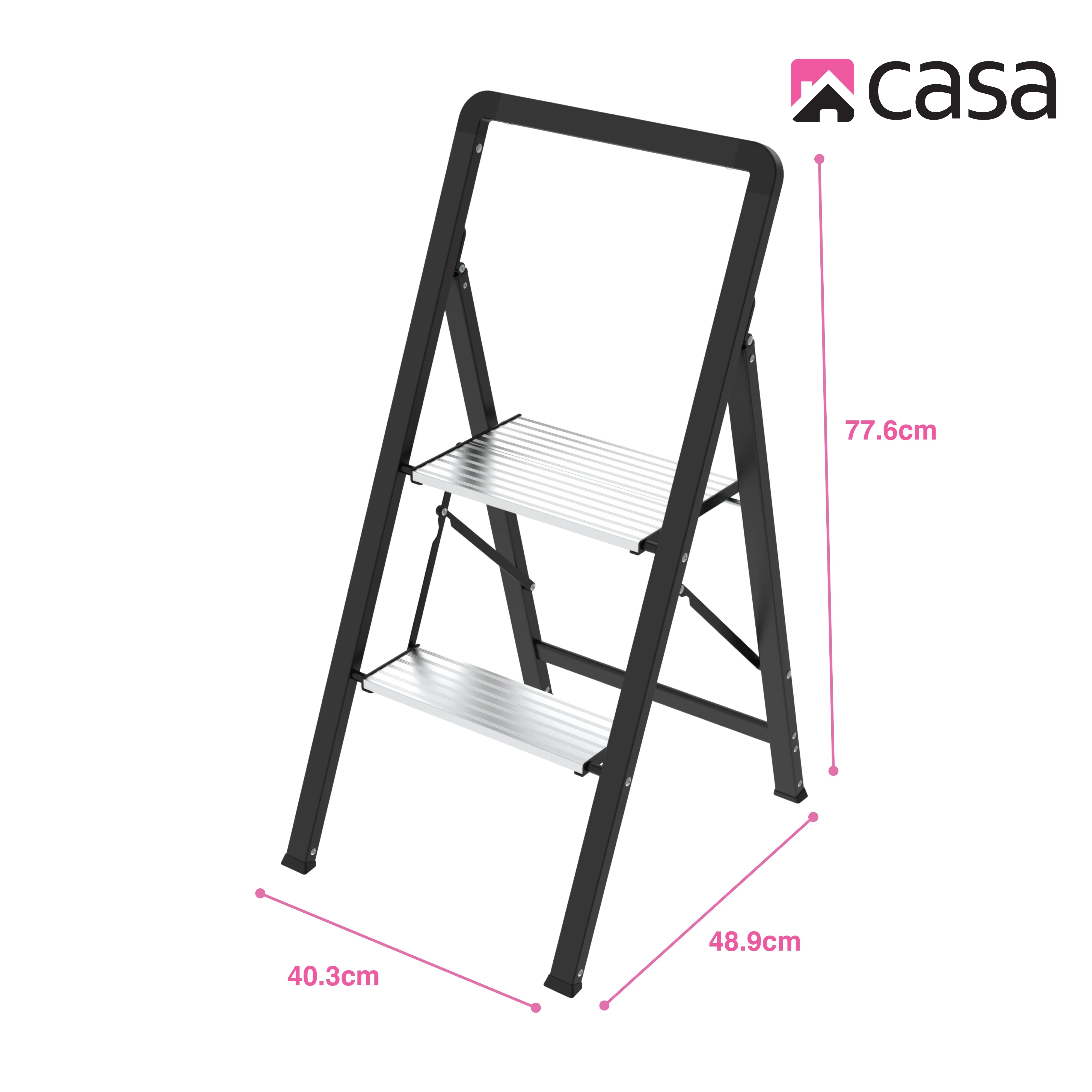 Folding Step Ladder - Steel & Aluminium - 2 Steps - Black/Silver