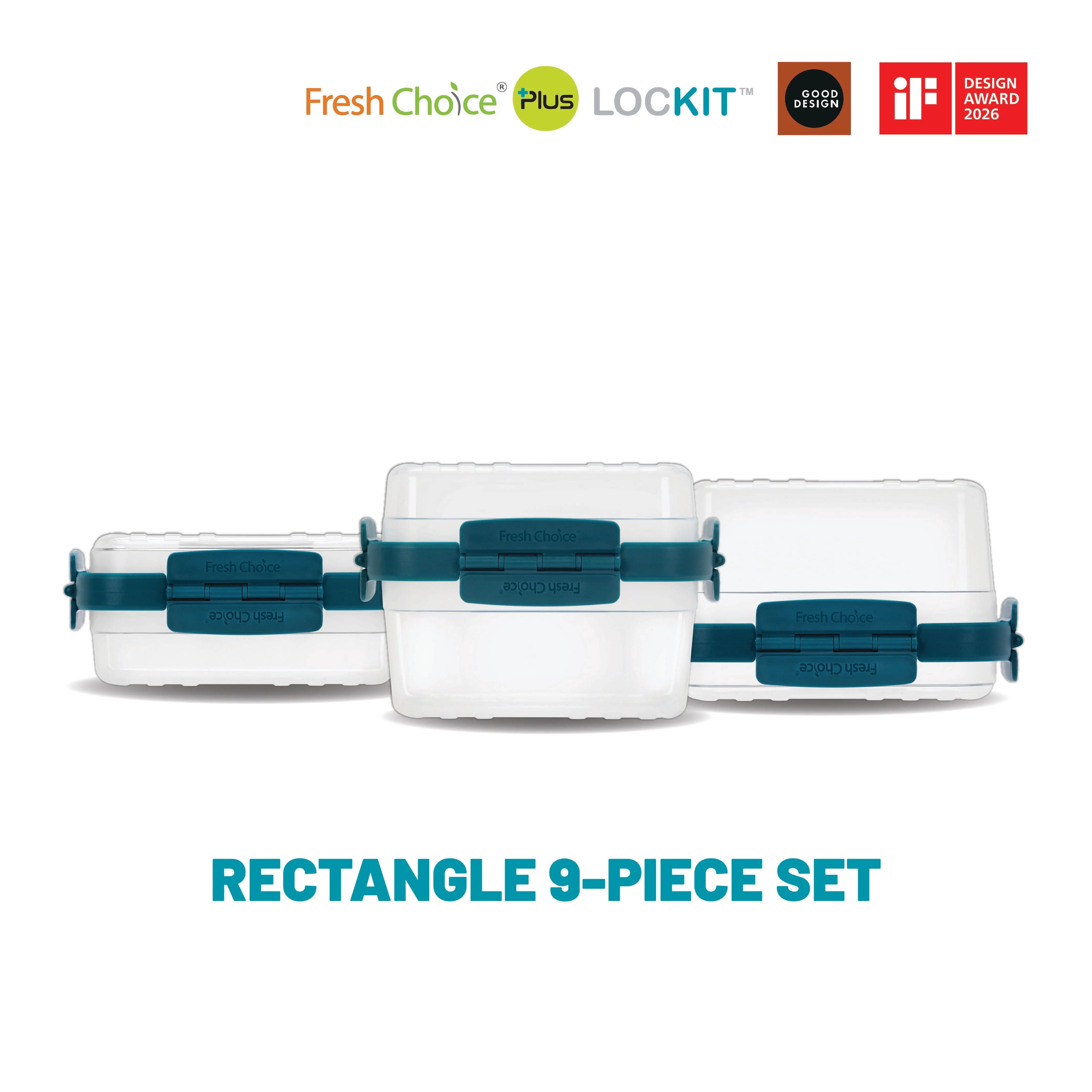 Fresh Choice | Lockit Rectangle Large 9-Piece Set | Modular Food Storage