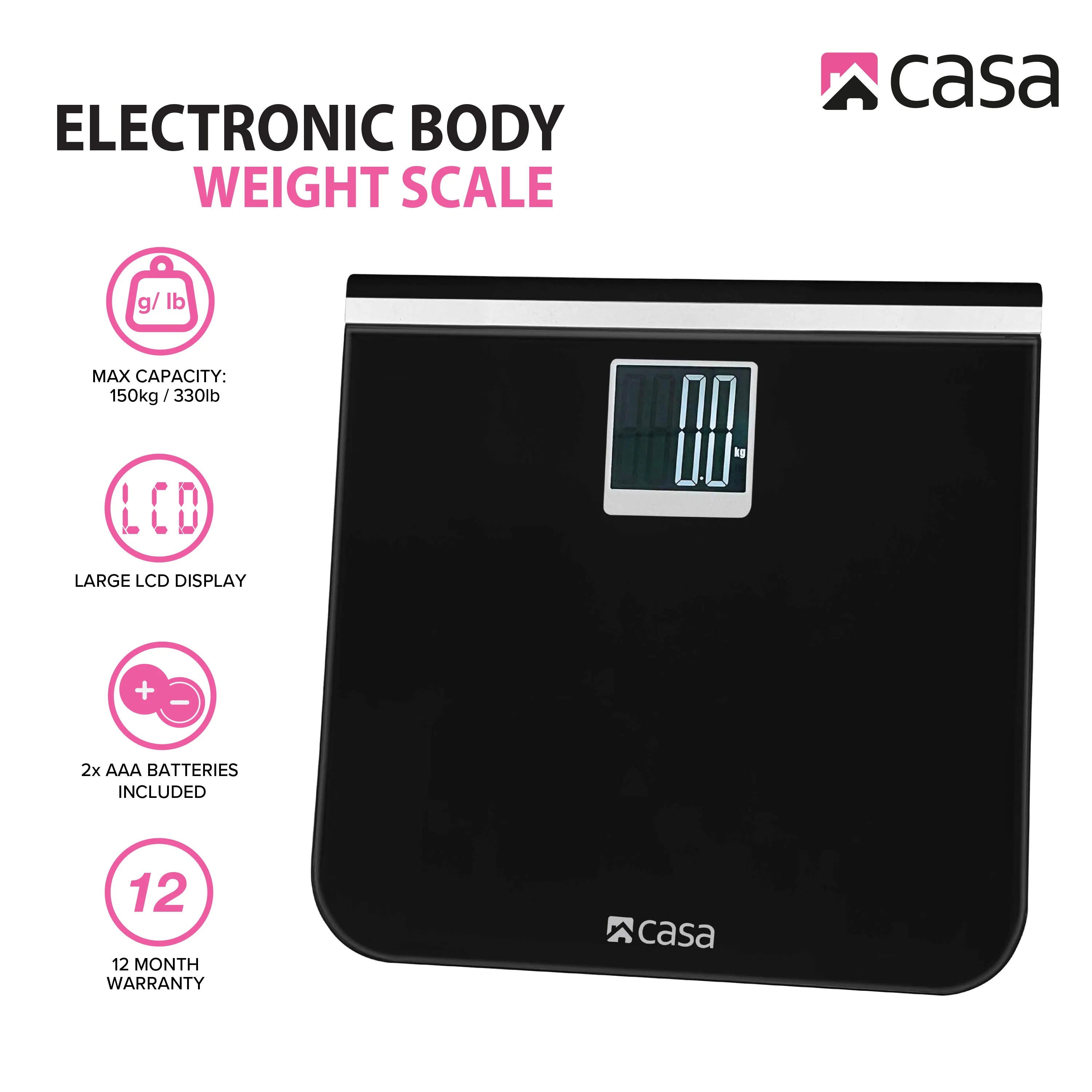 Digital Bathroom Scale | Glass Platform | Black | Large LCD Display