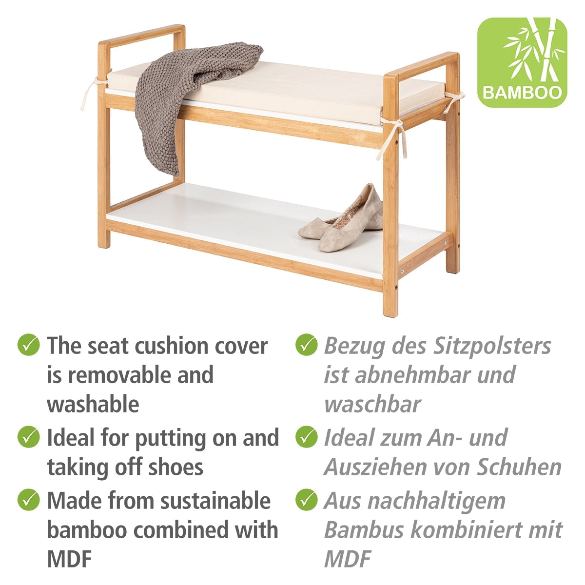 Shoe Bench With Cushion - Finja - Bamboo