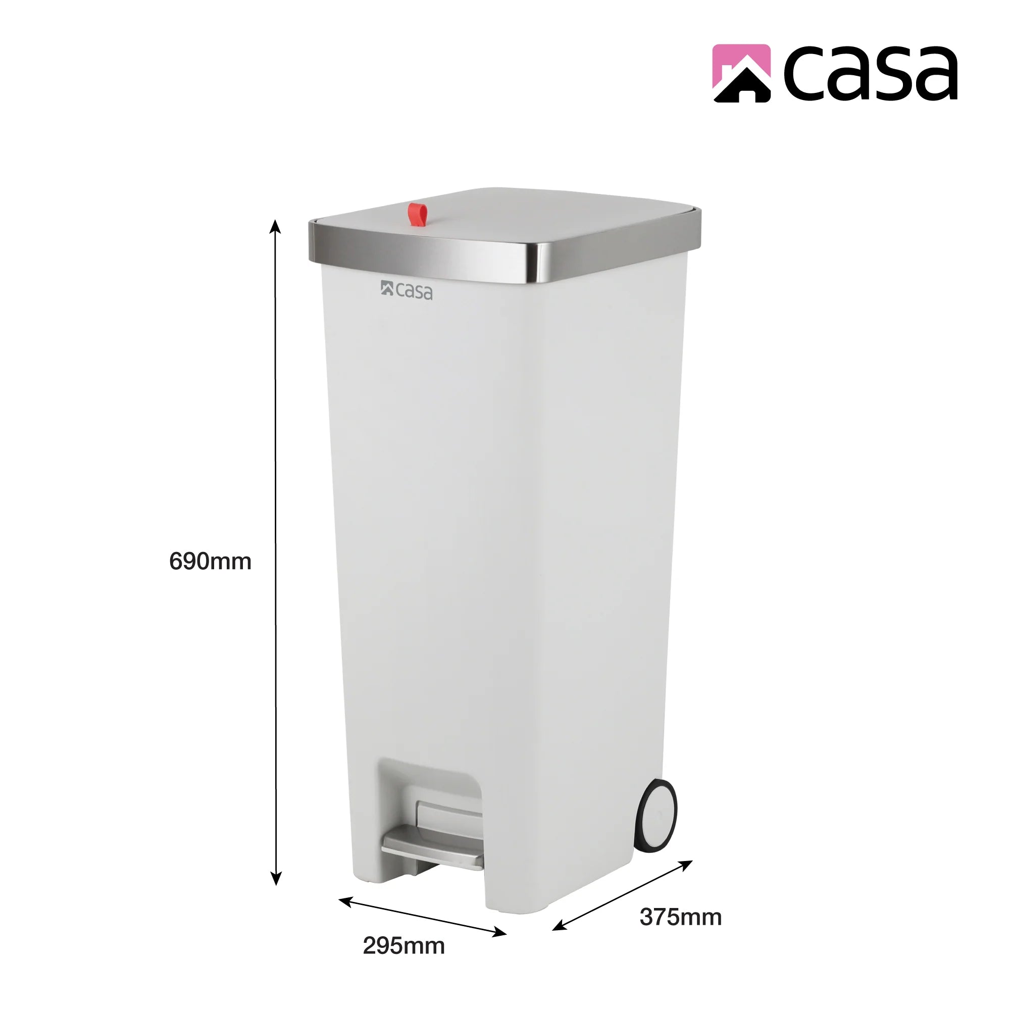 CASA Ravello 45L Pedal & Lid Lift Bin | Plastic | Slim Rectangle | With Wheels | White
