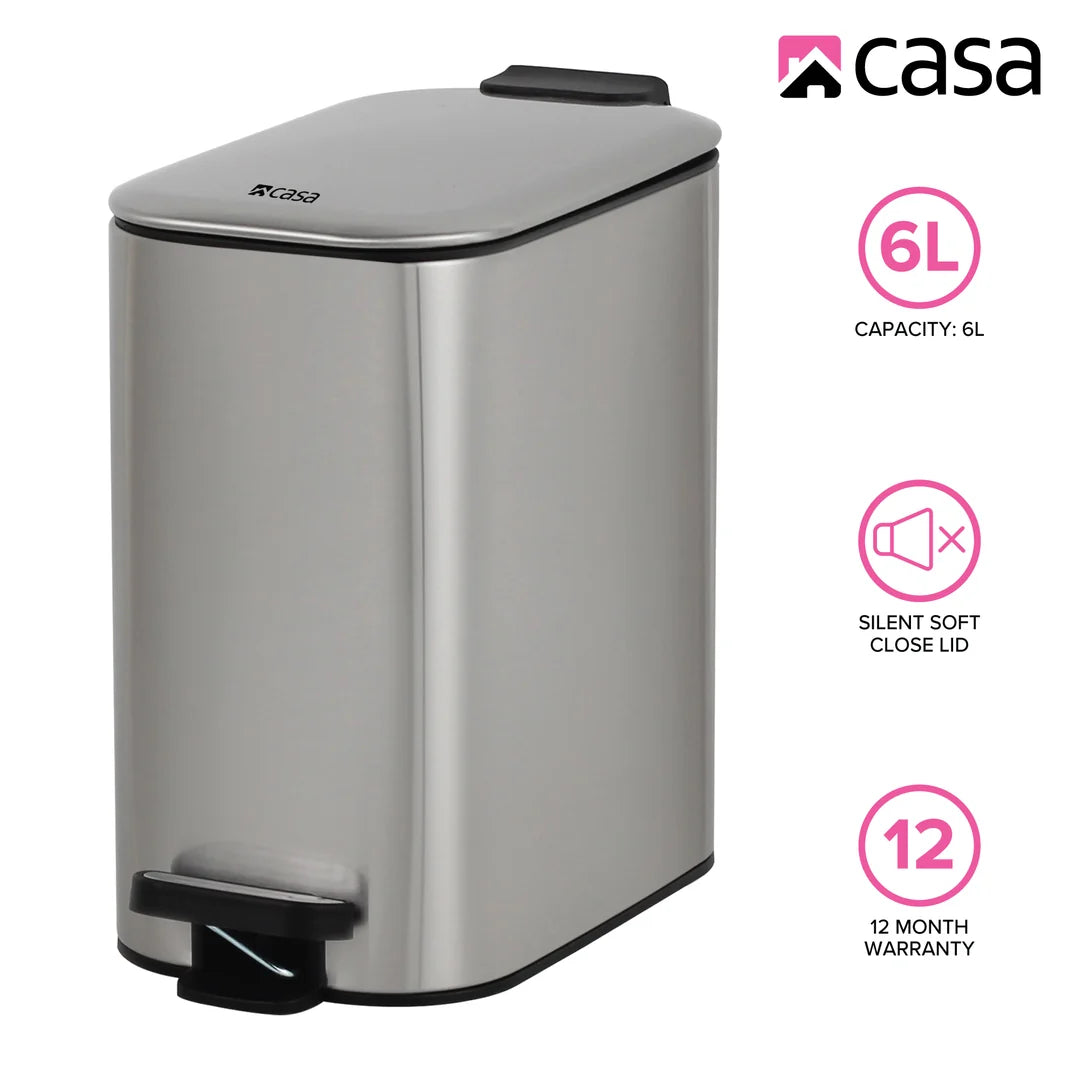 6L Steel Pedal Bin | Slimline Rectangle | Portofino