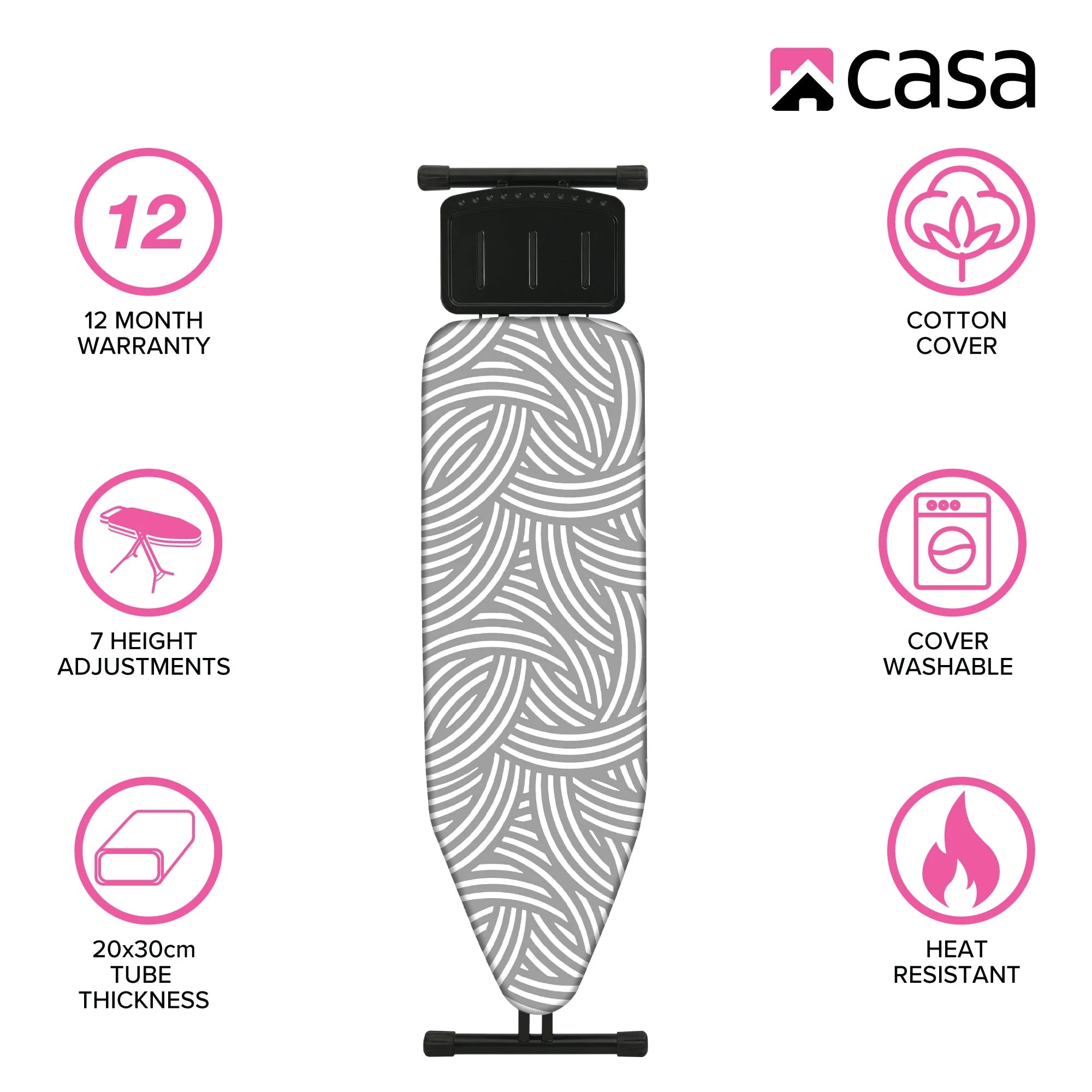 CASA Classic Ironing Board 122 x 38cm | Iron Rest & Cotton Cover